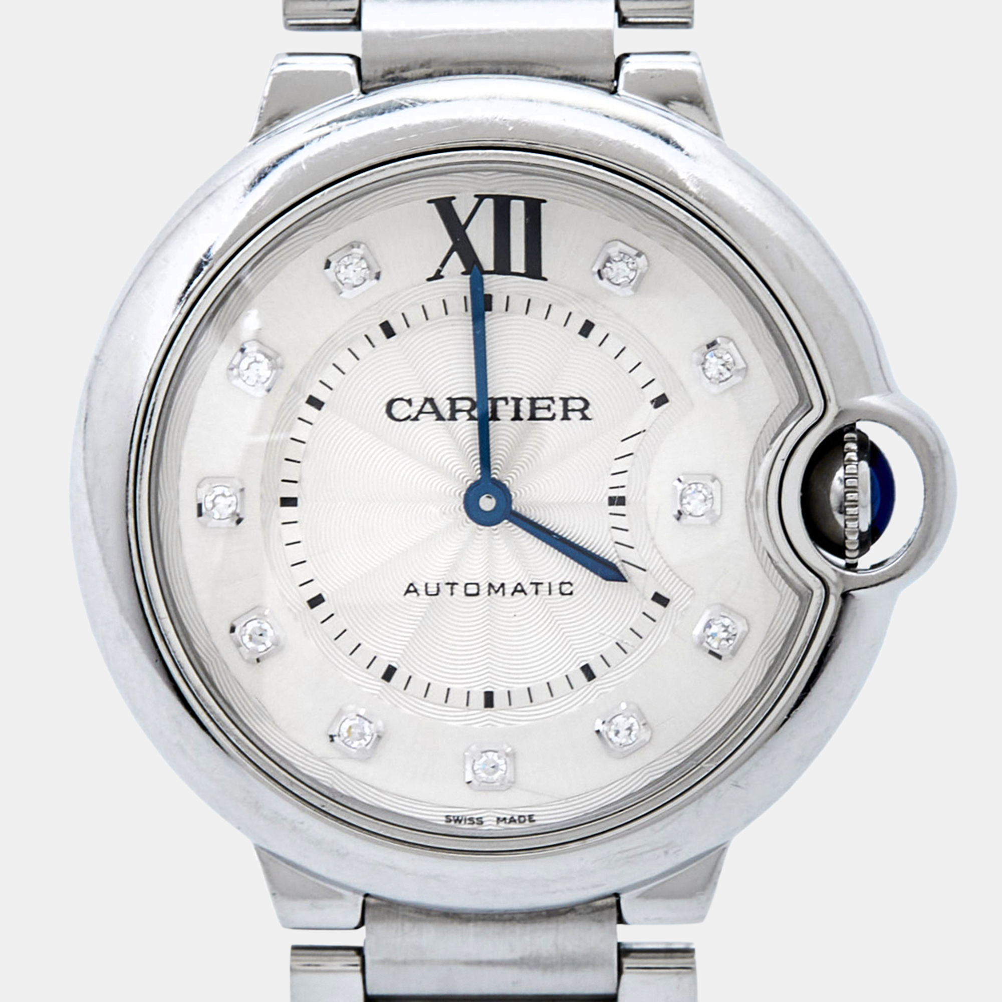 Cartier Silver Diamond Stainless Steel Ballon Bleu WE902075 Women's Wristwatch 36 Mm