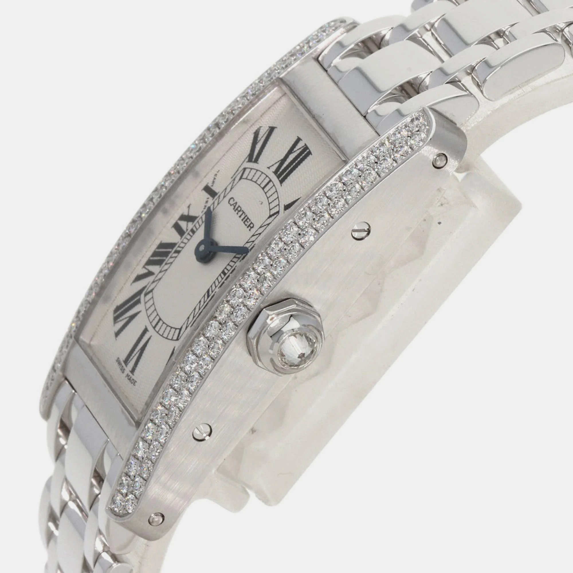 Cartier Silver Diamond 18k White Gold Tank Americaine WB7018L1 Quartz Women's Wristwatch 19 Mm