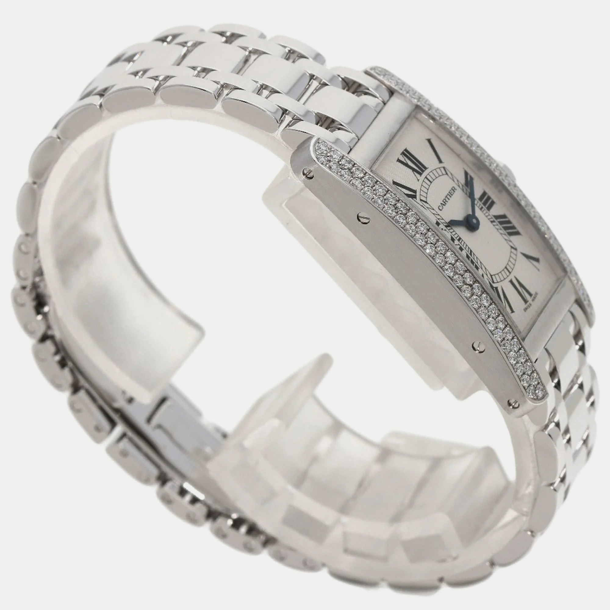Cartier Silver Diamond 18k White Gold Tank Americaine WB7018L1 Quartz Women's Wristwatch 19 Mm