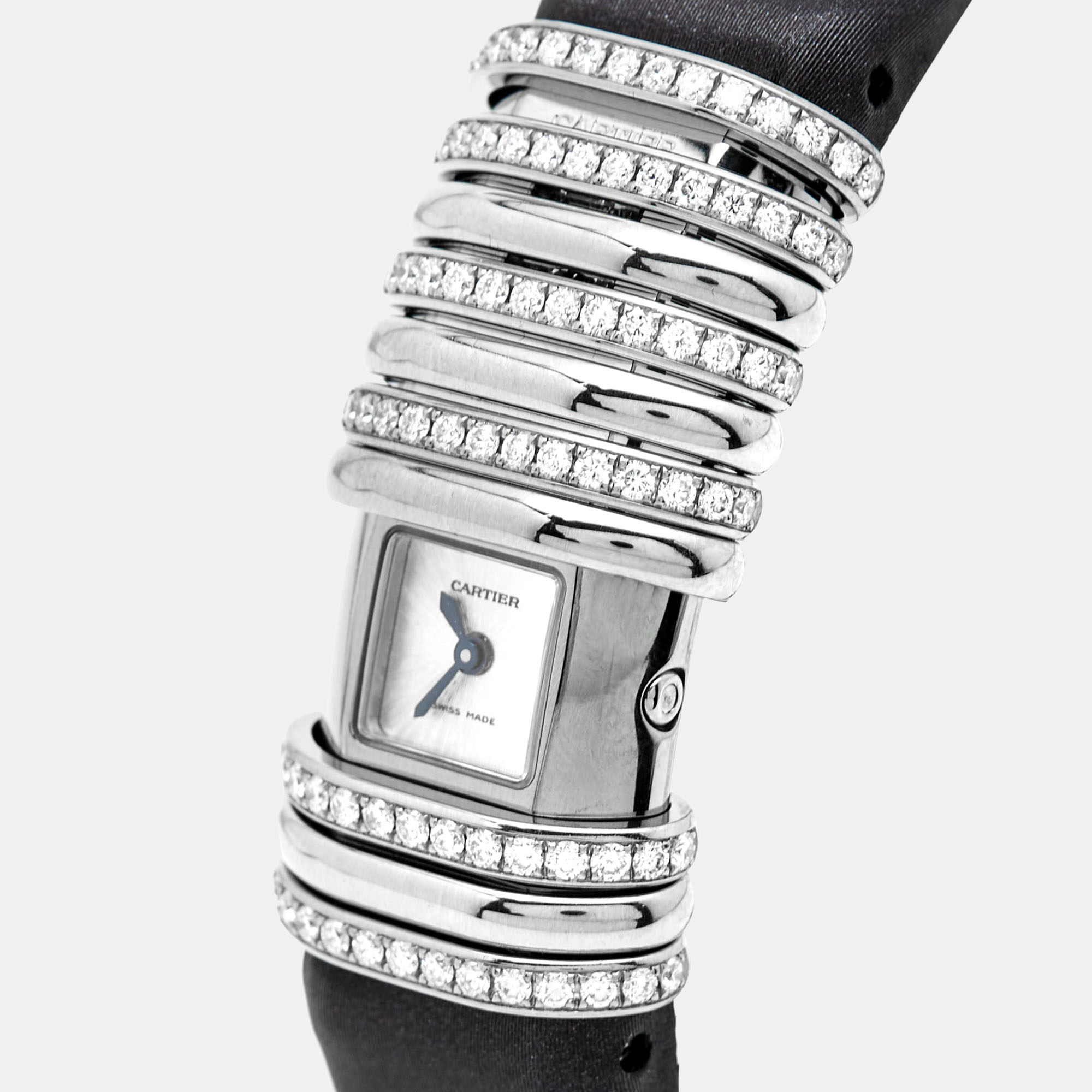 Cartier Silver 18K White Gold Diamond Satin Leather Declaration 2611 Women's Wristwatch 16 Mm