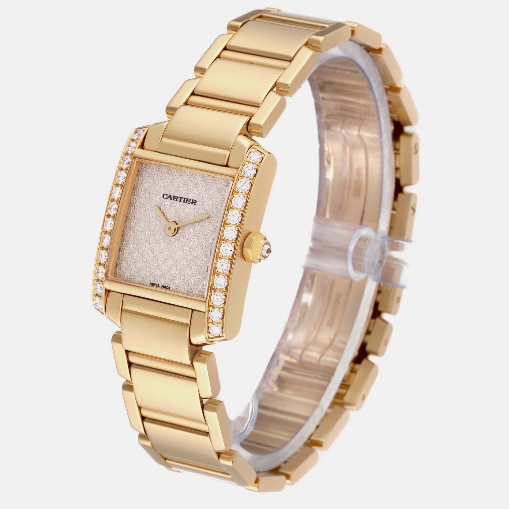 Cartier Tank Francaise Yellow Gold Rose Dial Diamond Ladies Watch WE1021R8 20 X 25 Mm