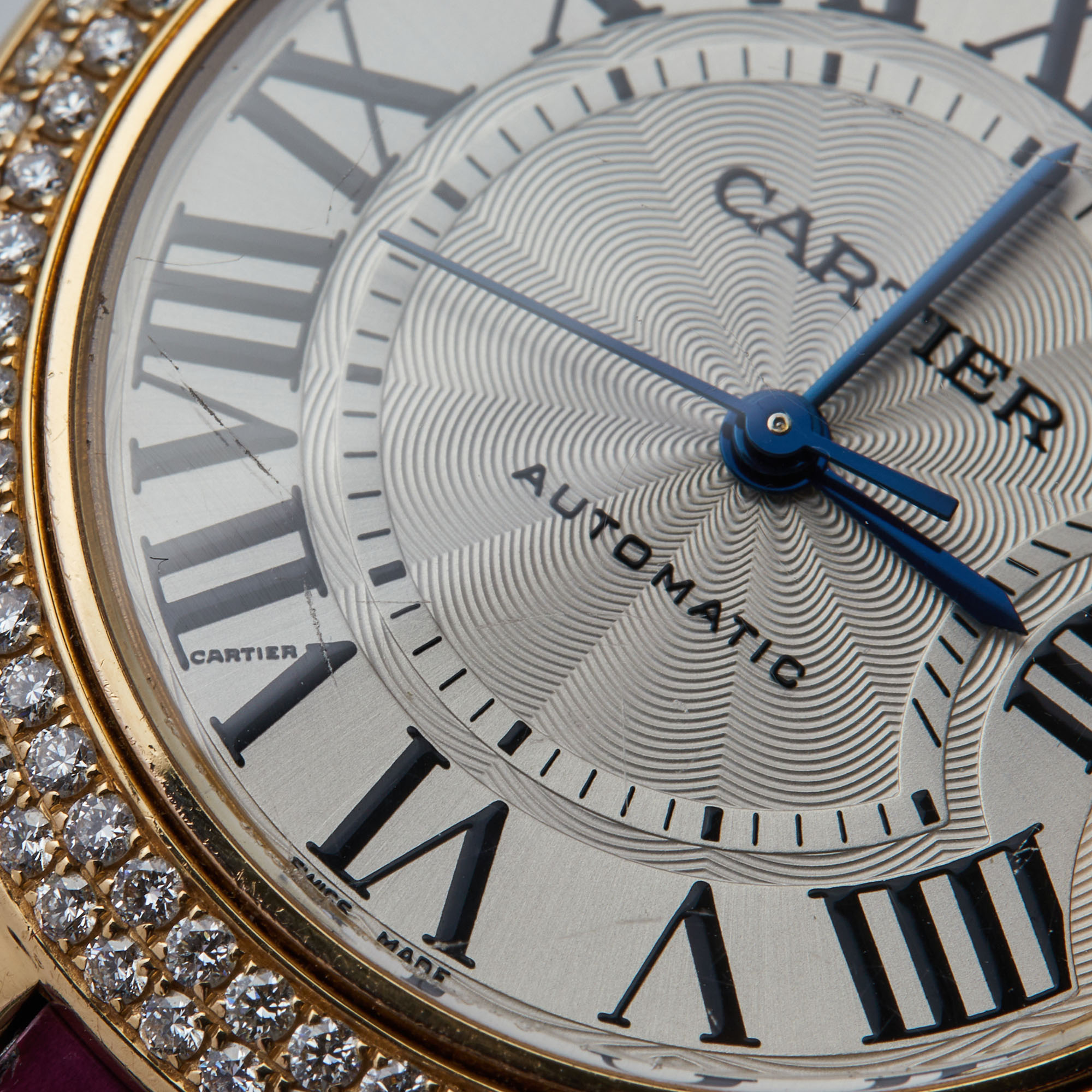 Cartier Silver 18K Rose Gold Alligator Leather Diamond Ballon Bleu 3682 Women's Wristwatch 33 Mm