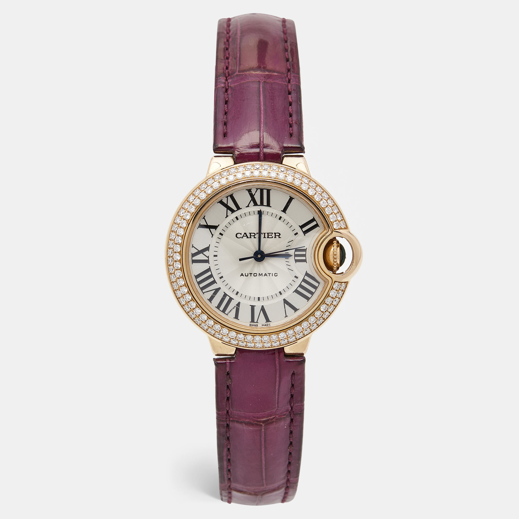 Cartier Silver 18K Rose Gold Alligator Leather Diamond Ballon Bleu 3682 Women's Wristwatch 33 Mm