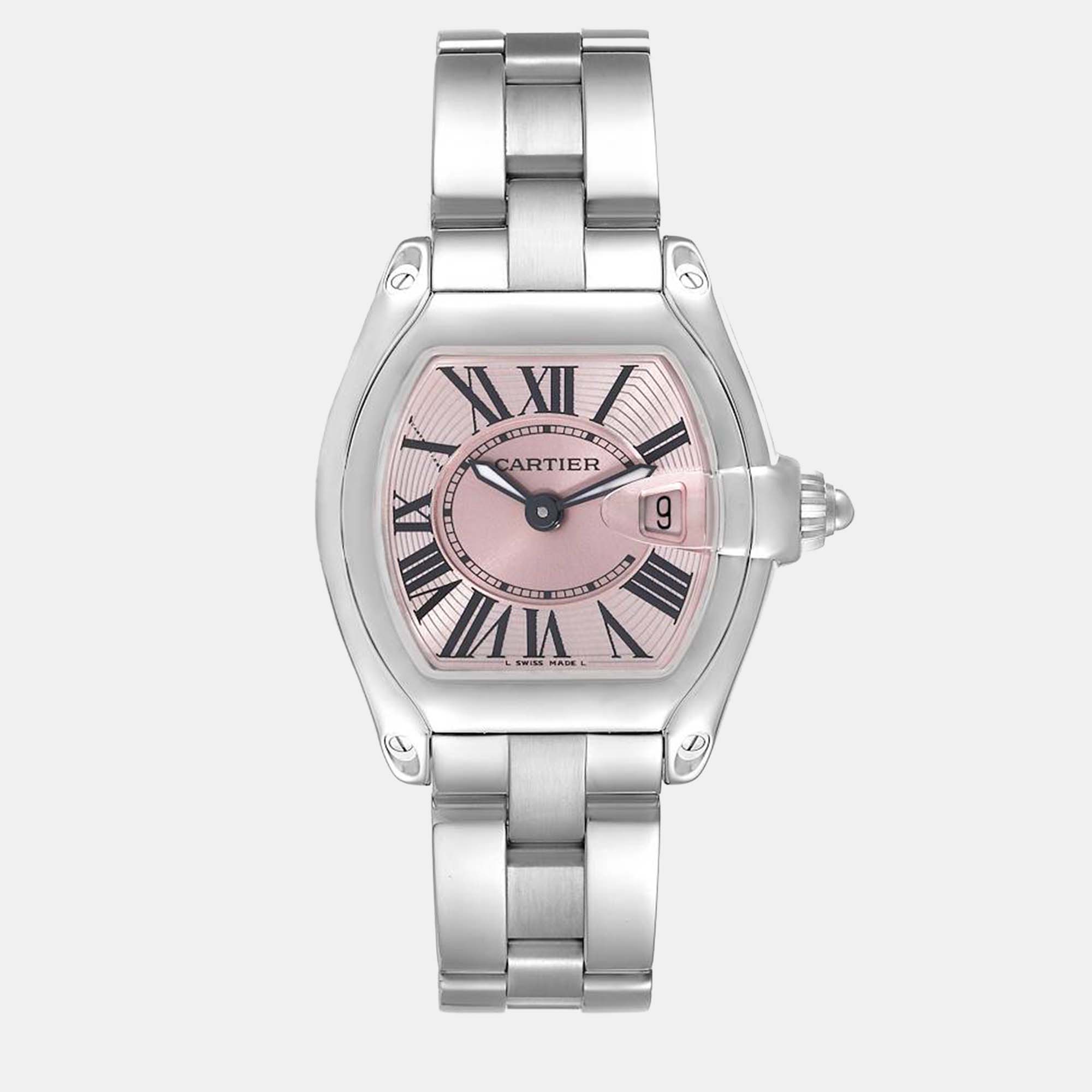 Cartier roadster small pink dial steel ladies watch w62017v3 36 mm x 30 mm