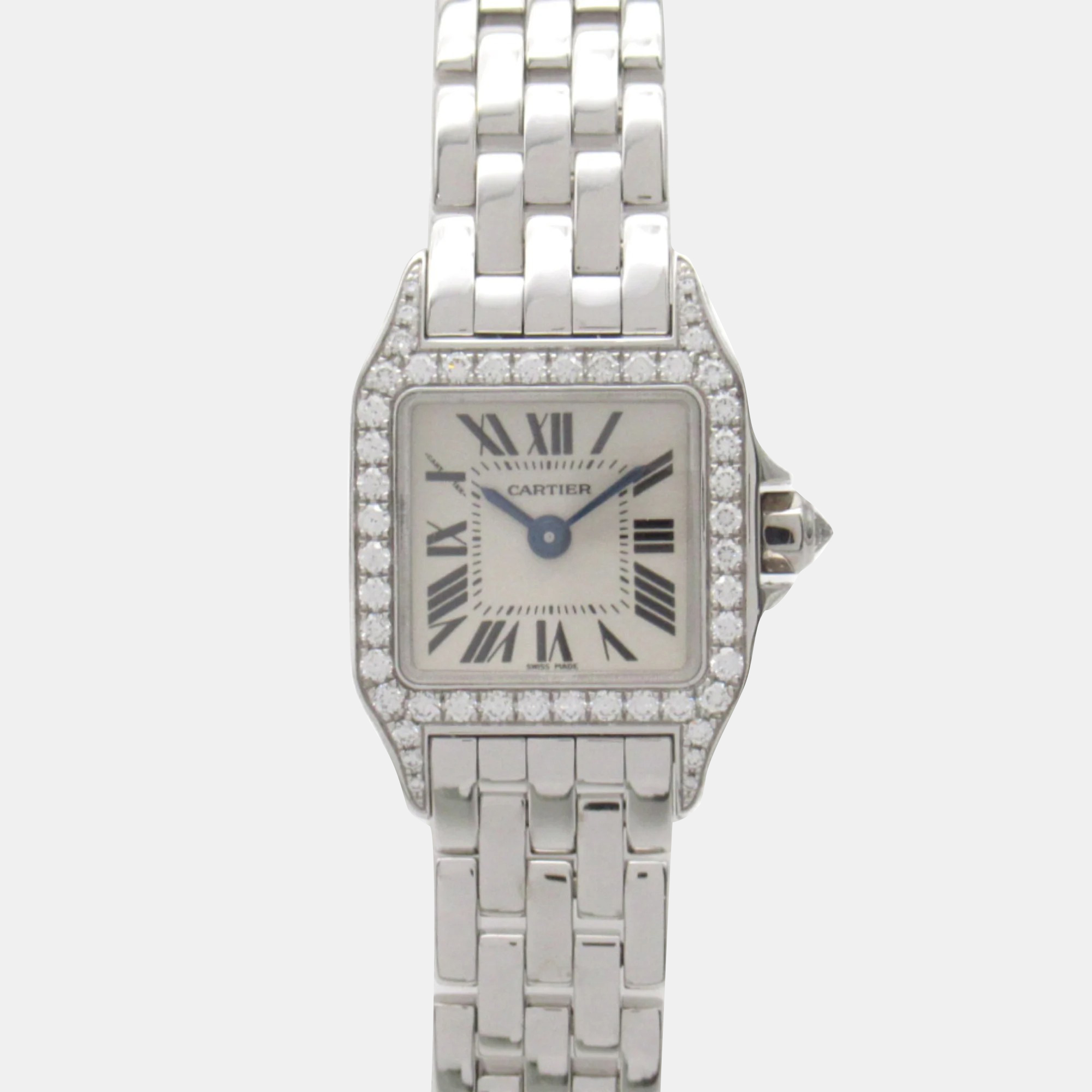 Cartier Silver 18k White Gold Diamond Santos Demoiselle WF9005Y8 Quartz Women's Wristwatch 19 mm