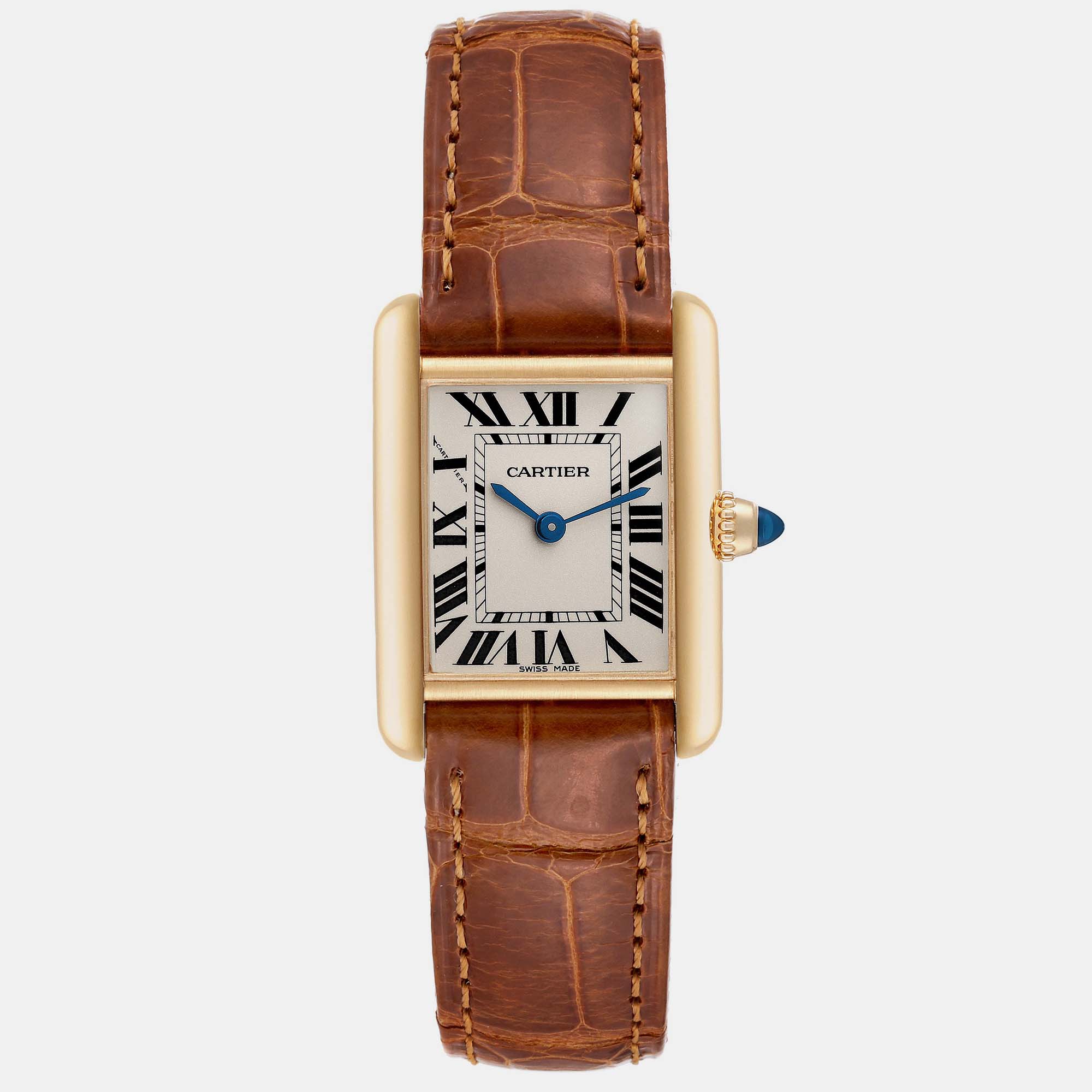 

Cartier Tank Louis Small Yellow Gold Brown Strap Ladies Watch 22 mm, Silver