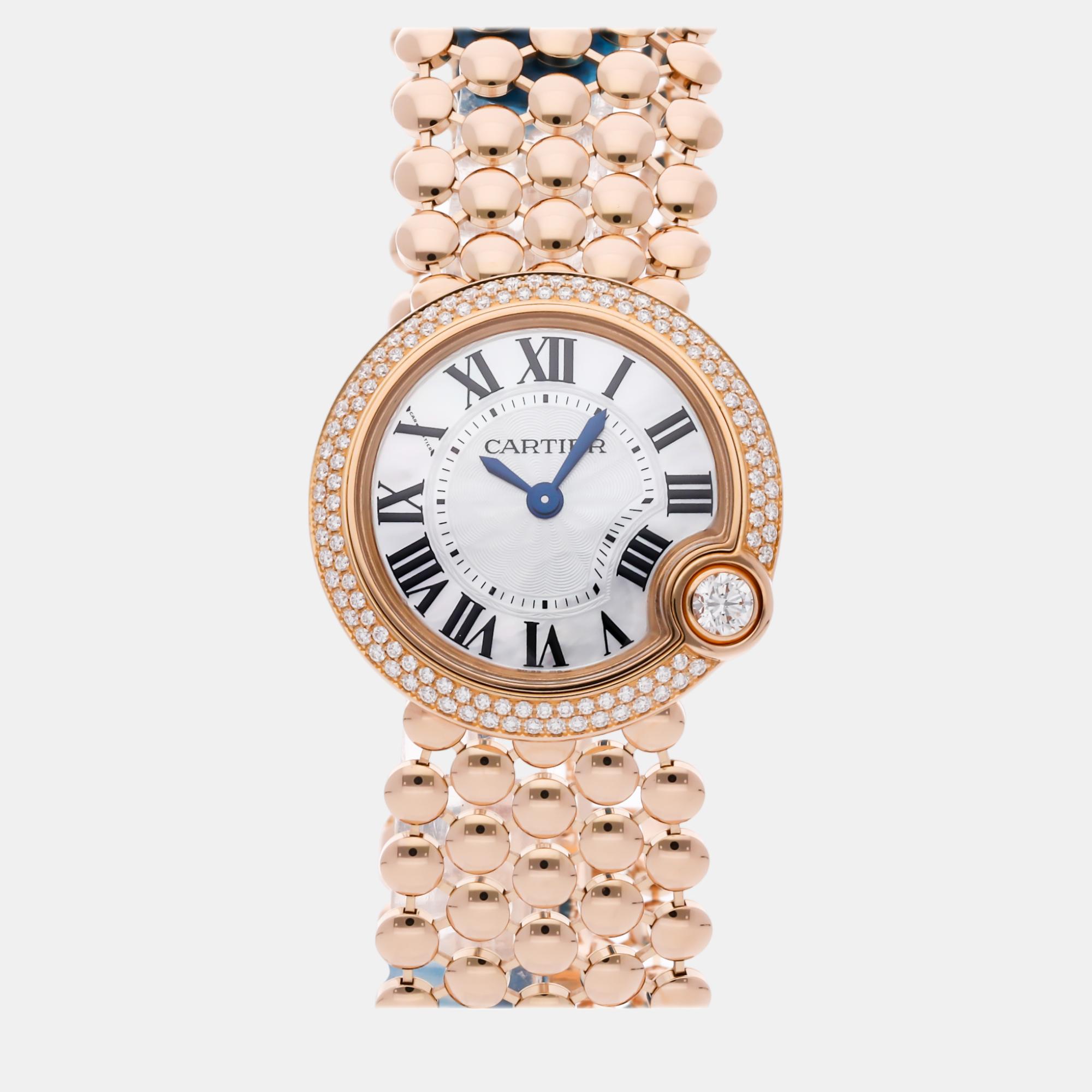 Cartier white mother of pearl 18k rose gold ballon blanc de cartier quartz women's wristwatch 30 mm