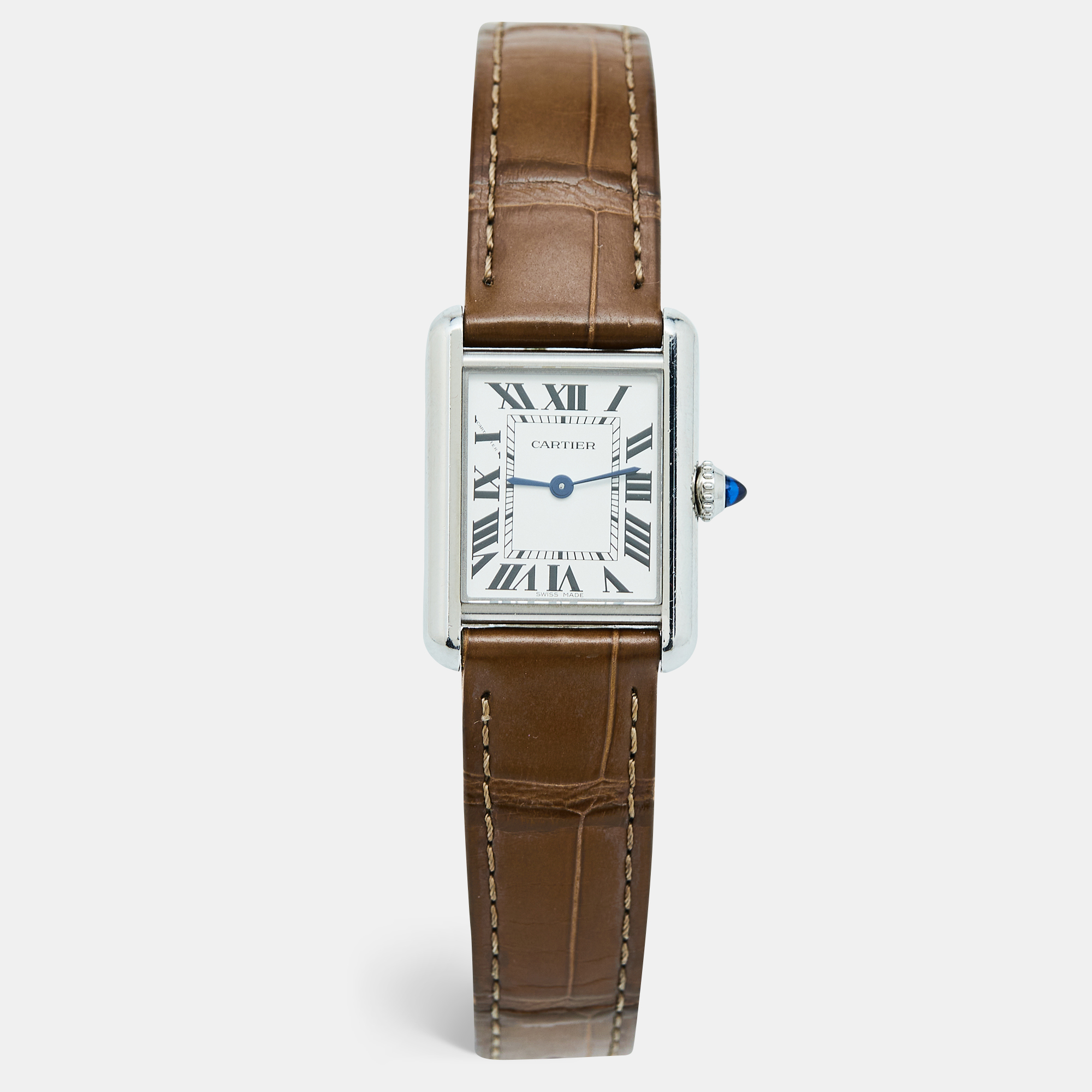 Cartier silver stainless steel leather tank must wsta0042 women's wristwatch 22 mm