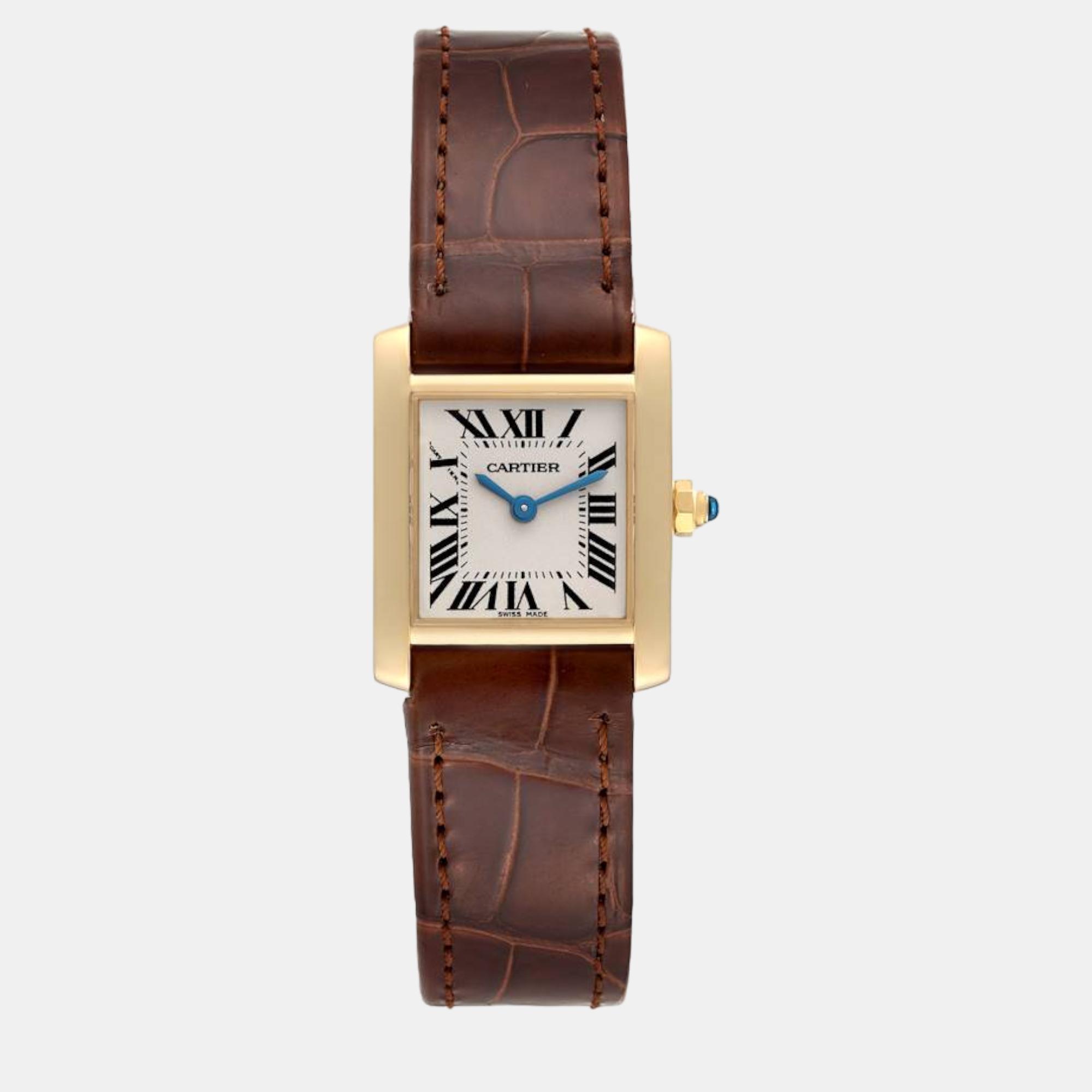 Cartier tank francaise yellow gold brown strap ladies watch 20 mm