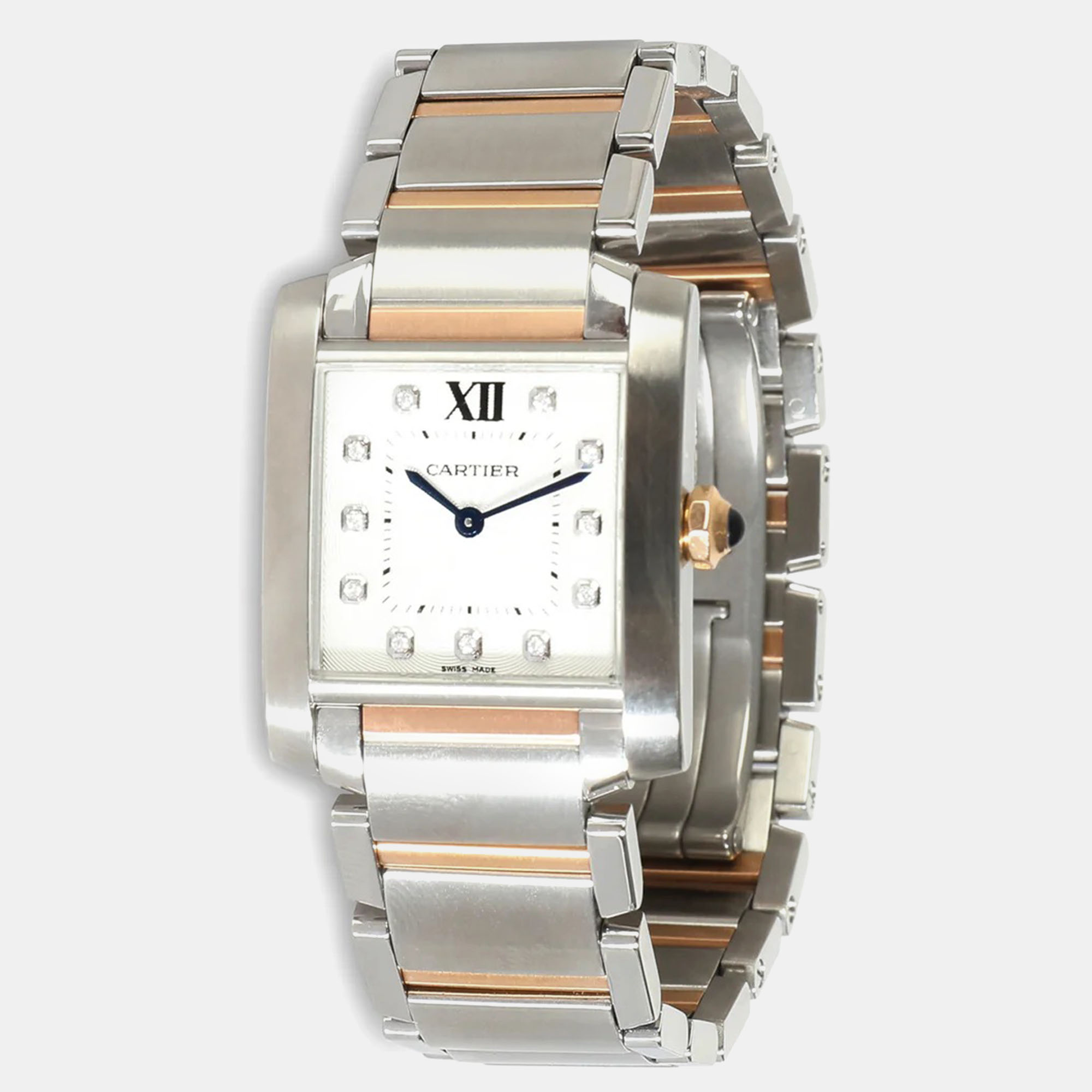 Cartier silver 18k rose gold stainless steel diamond tank francaise quartz women's wristwatch 25 mm