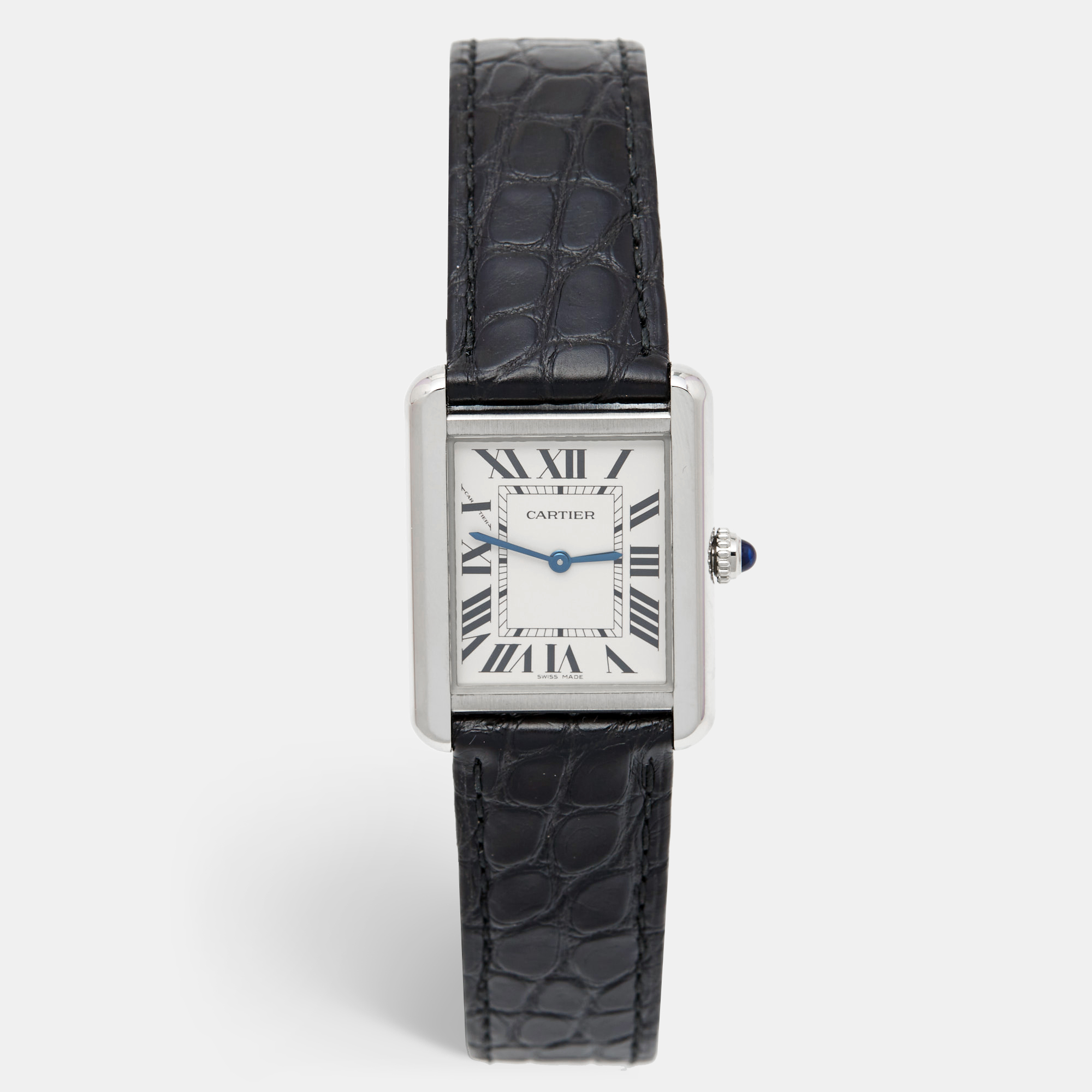 Cartier silver stainless steel alligator leather tank solo 3170 women's wristwatch 24 mm