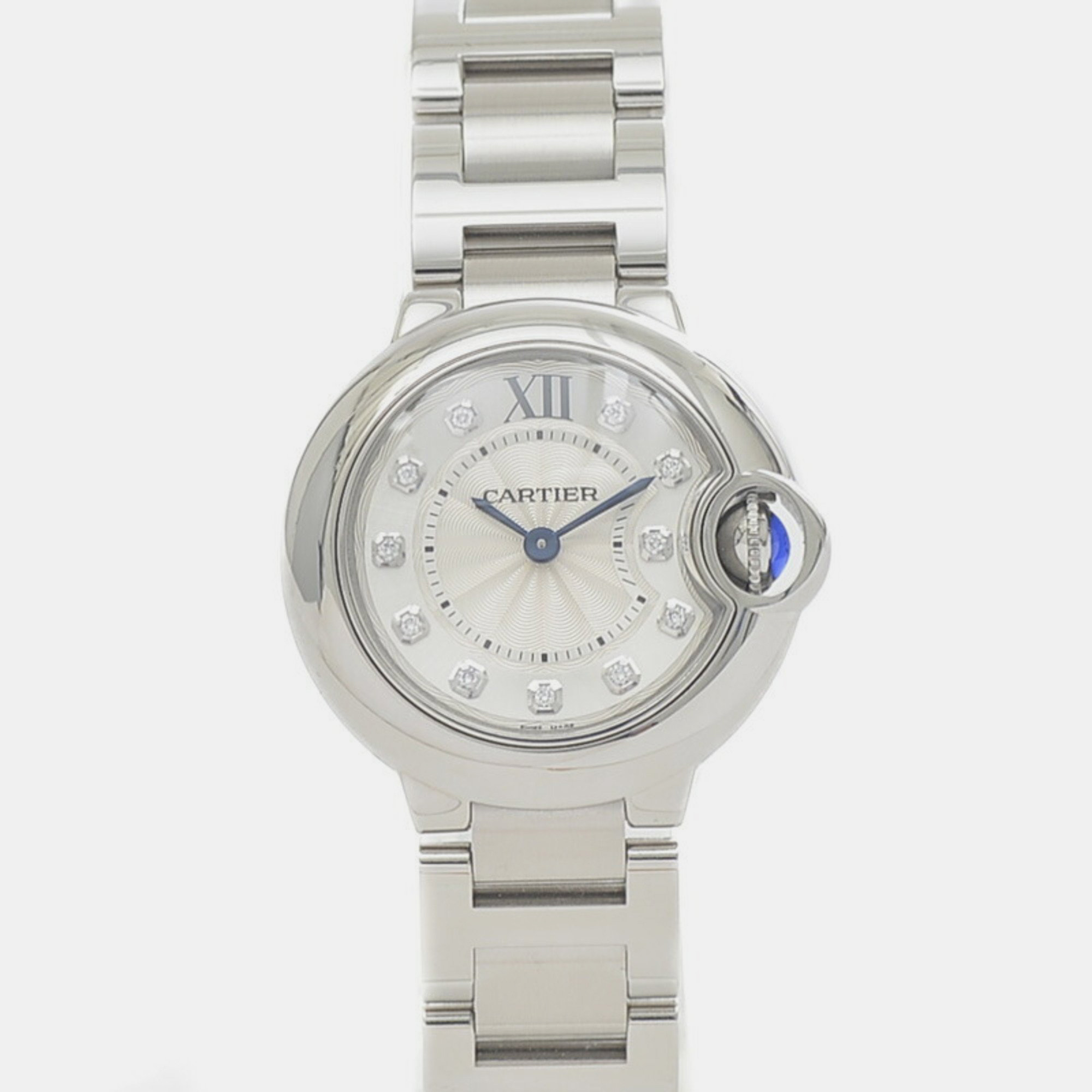 Cartier silver diamond stainless steel ballon bleu quartz women's wristwatch 28 mm