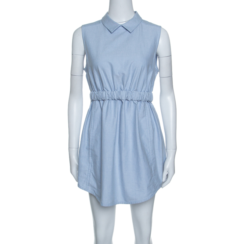 Image of Carven Blue Chambray Gathered Waist Sleeveless Dress M