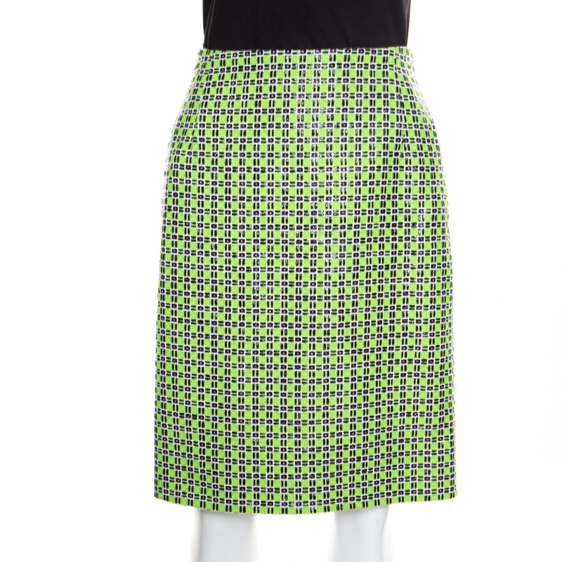 Image of Carven Kiwi Green Textured Checkered Pencil Skirt S