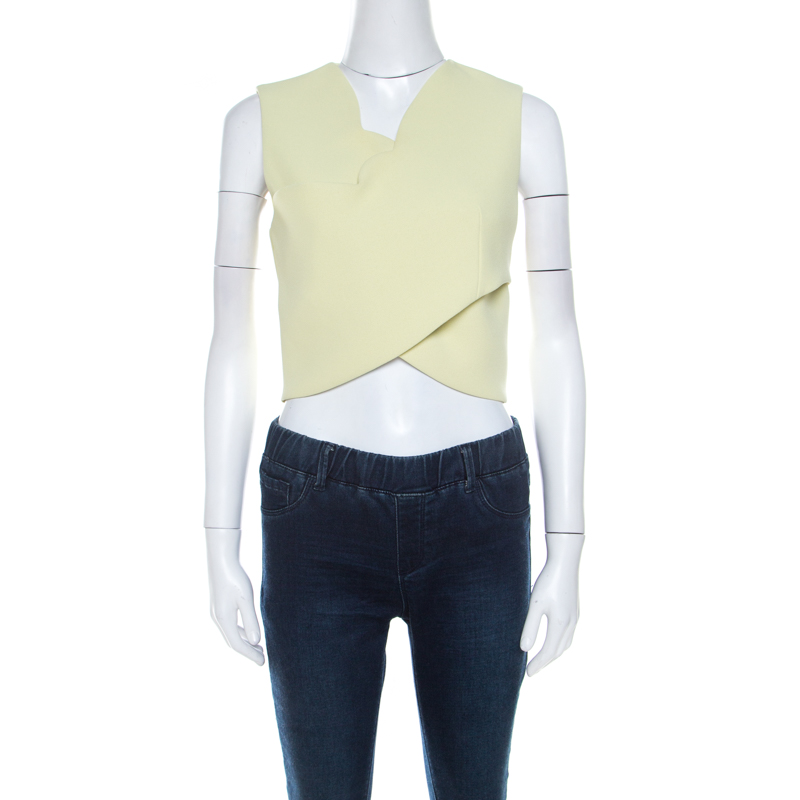 Image of Carven Lime Green Crepe Scalloped Cross Over Crop Top M