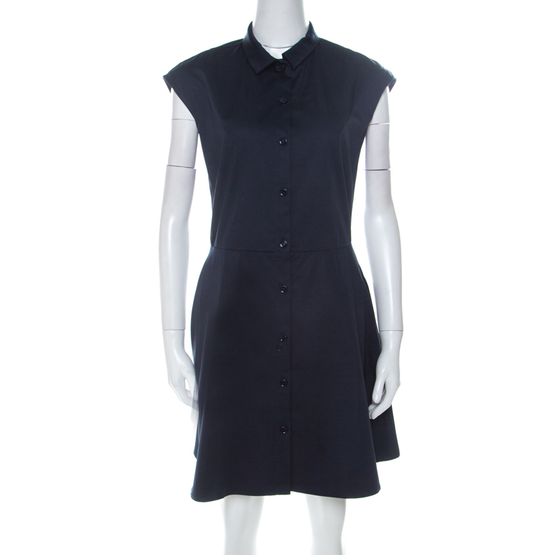 Image of Carven Navy Blue Cotton Blend Cap Sleeves A Line Dress M