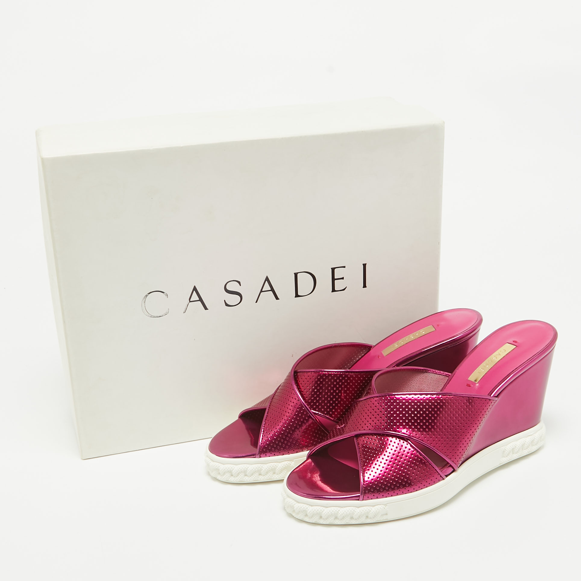 Casadei Purple Patent Leather Wedge Sandals Size 39