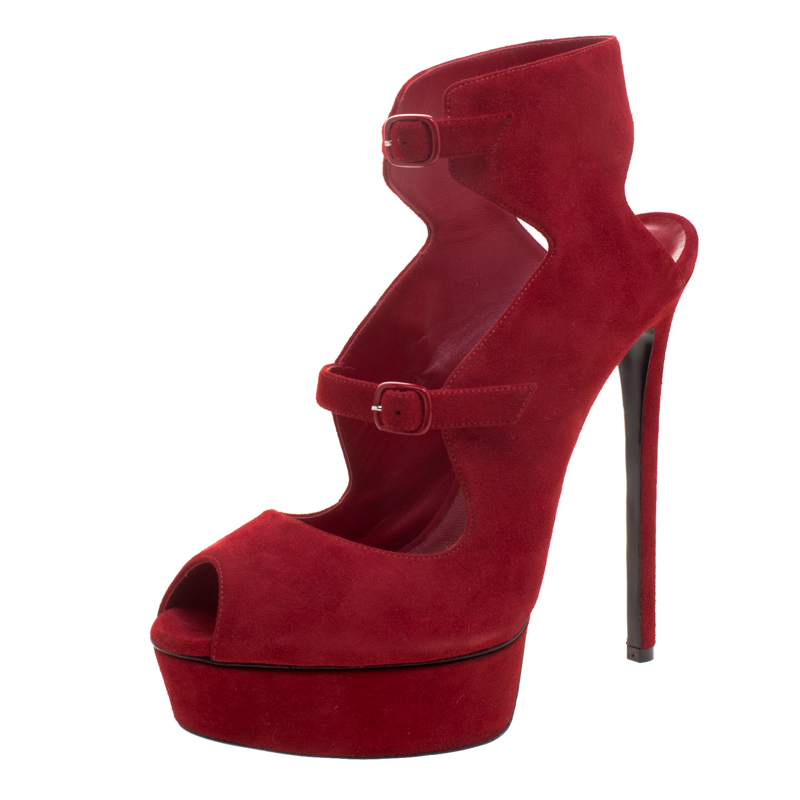 Image of Casadei Red Suede Peep Toe Platform Sandals Size