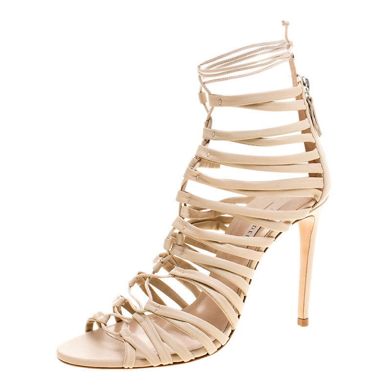 Image of Casadei Beige Leather Strappy Tie Up Sandals Size