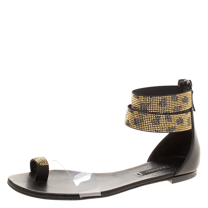 Image of Casadei Two Tone Crystal Embellished Ankle Cuff and PVC Vinil Flat Sandals Size .