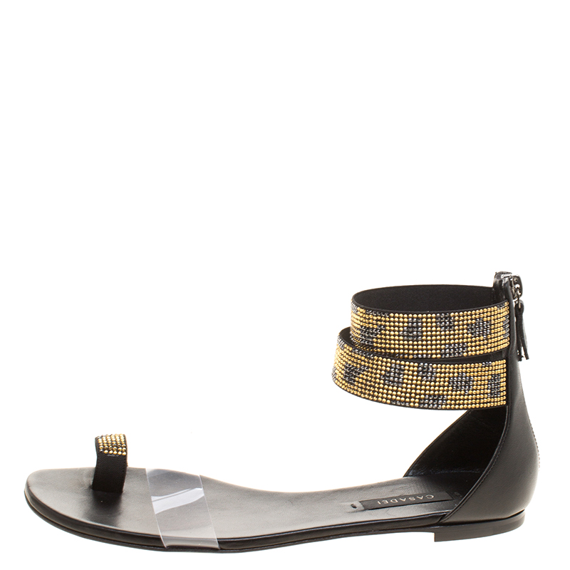 

Casadei Two Tone Crystal Embellished Ankle Cuff and PVC Vinil Flat Sandals Size, Black