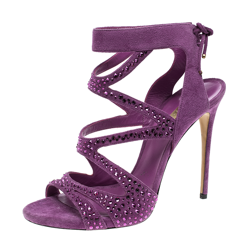 Image of Casadei Purple Crystal Embellished Suede Cut Out Peep Toe Sandals Size