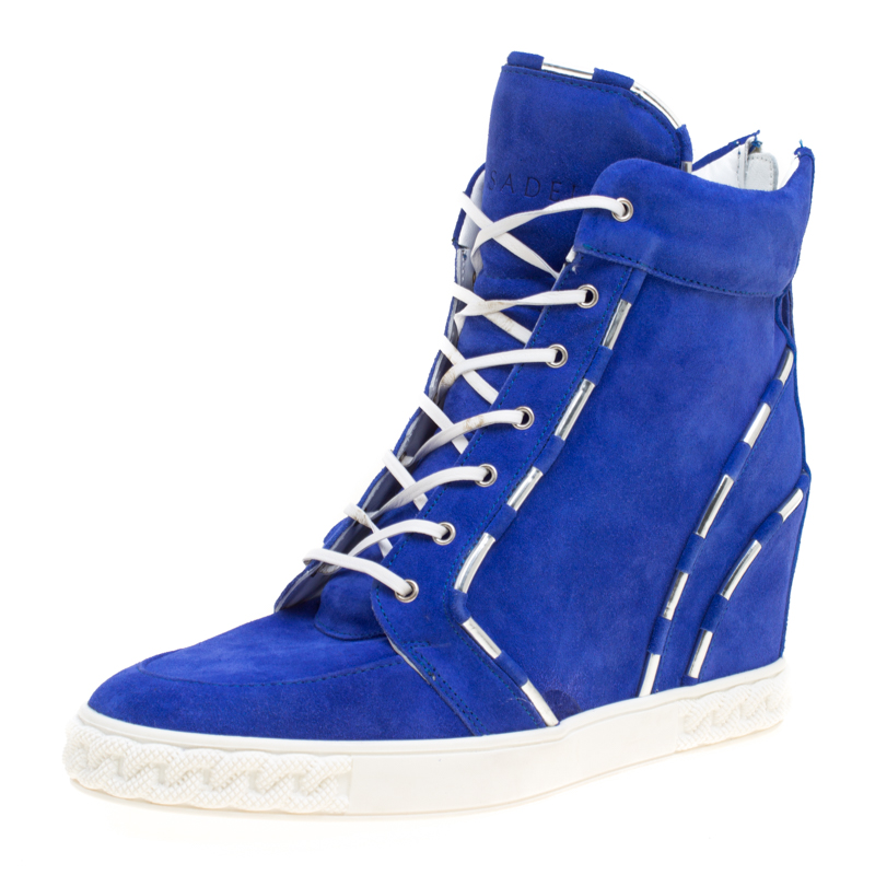 Image of Casadei Blue Suede High Top Wedge Sneakers Size