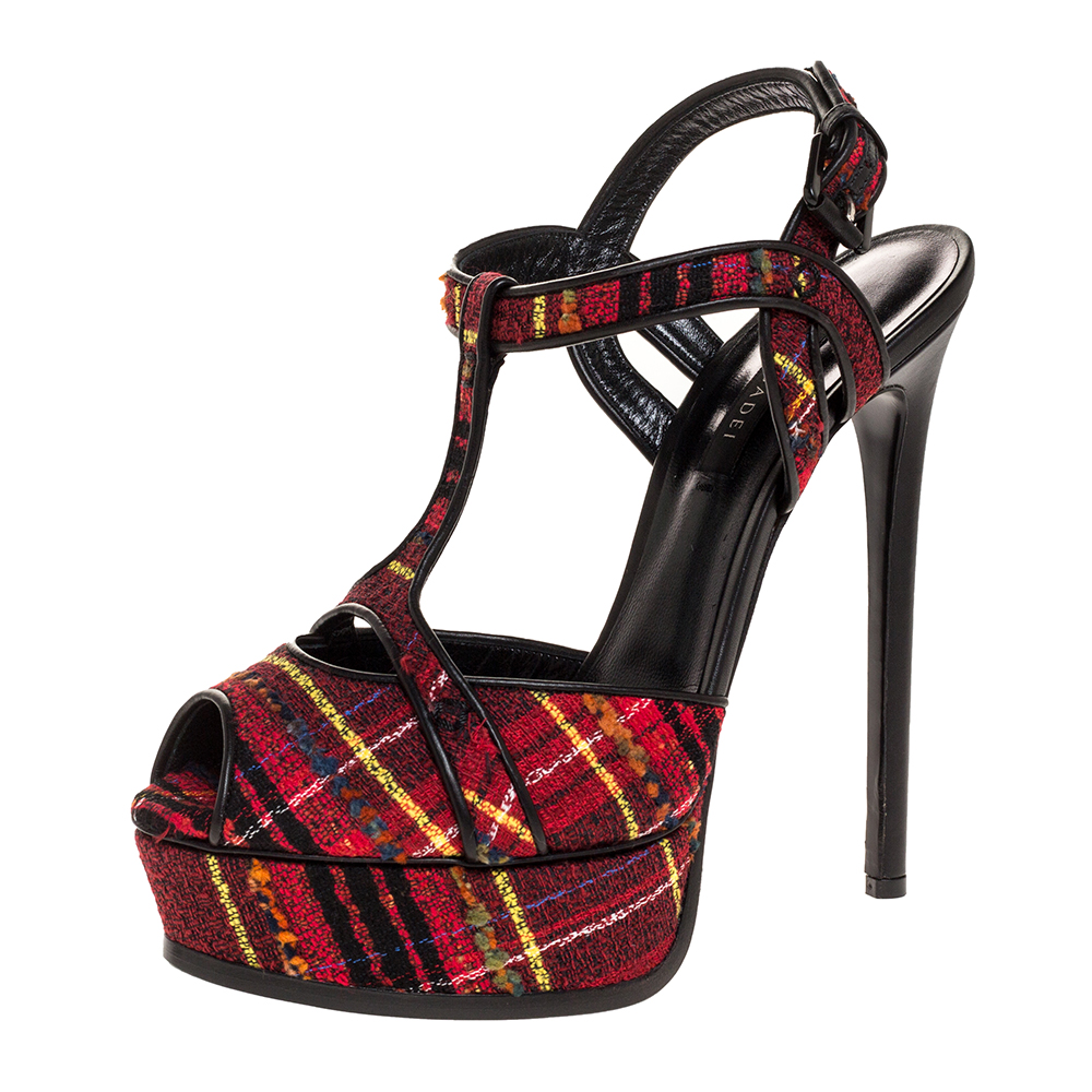 Image of Casadei Multicolor Tweed Fabric T-Strap Platform Sandals Size