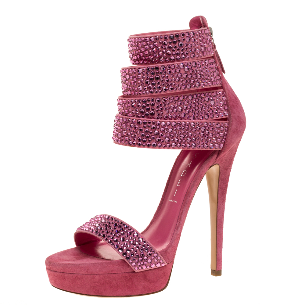 Image of Casadei Pink Suede And Crystal Fabric Platform Ankle Cuff Sandals Size