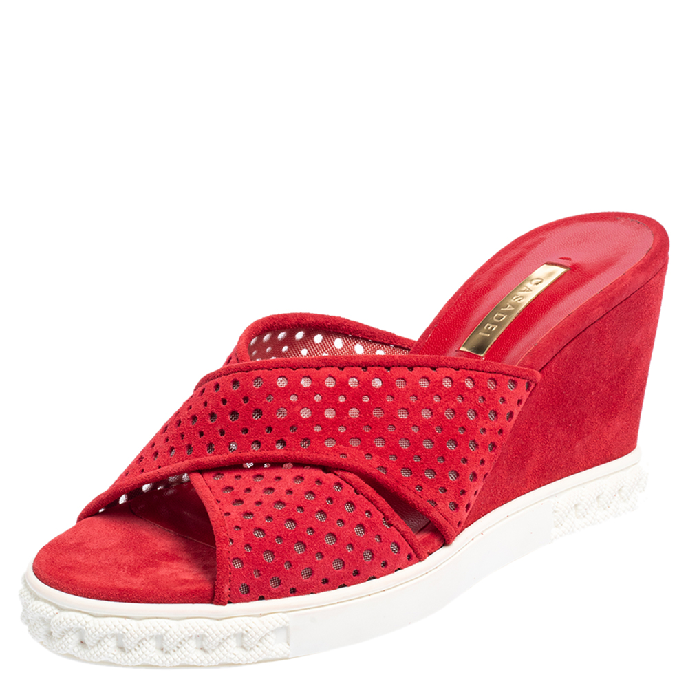 Casadei Red Perforated Suede Wedge Slide Sandals Size 38
