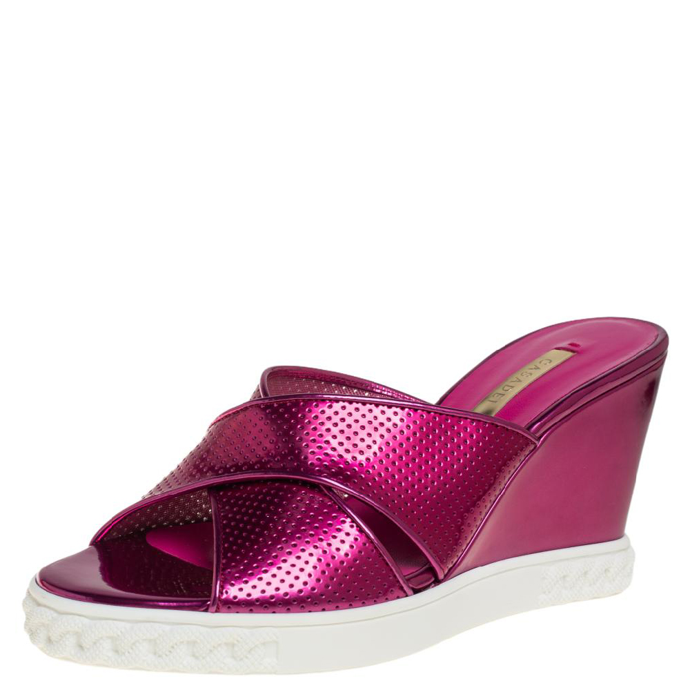 Casadei Pink Perforated Patent Leather Wedge Slide Sandals Size 38