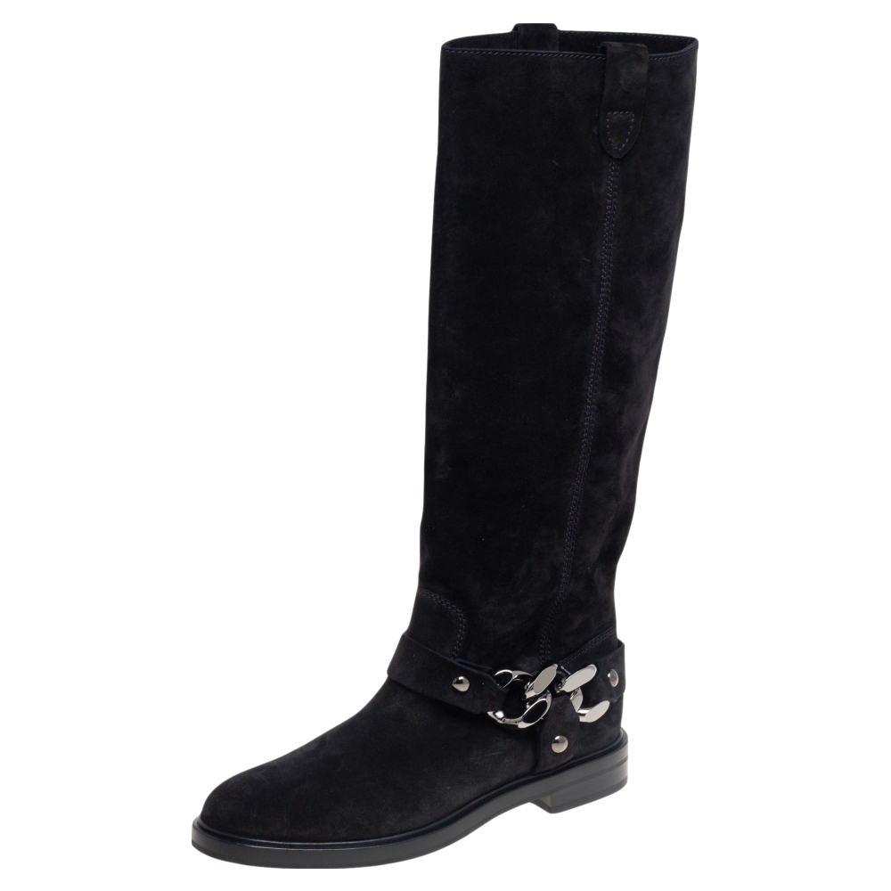 Casadei Black Suede Chain Trim Renna Knee Length Boots Size 39