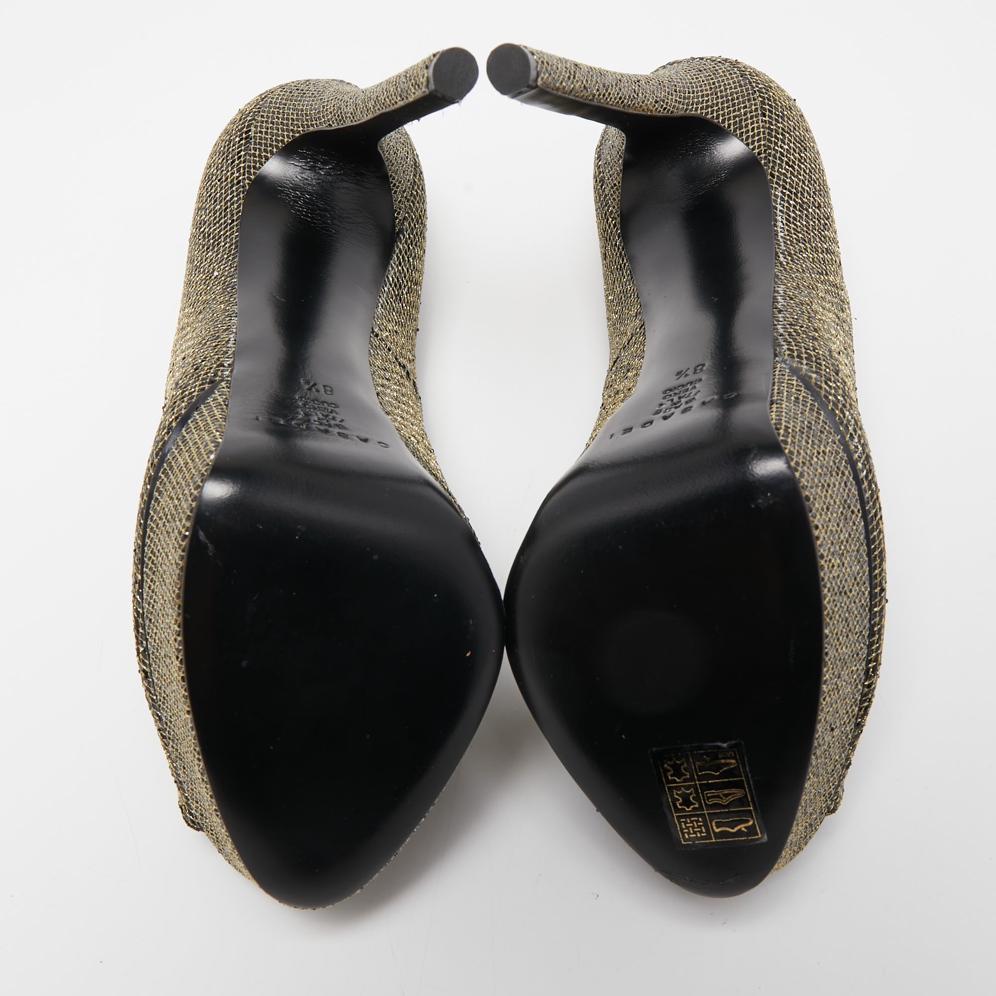 Casadei Gold/Black Lurex Fabric Peep Toe Platform Pumps Size 38.5