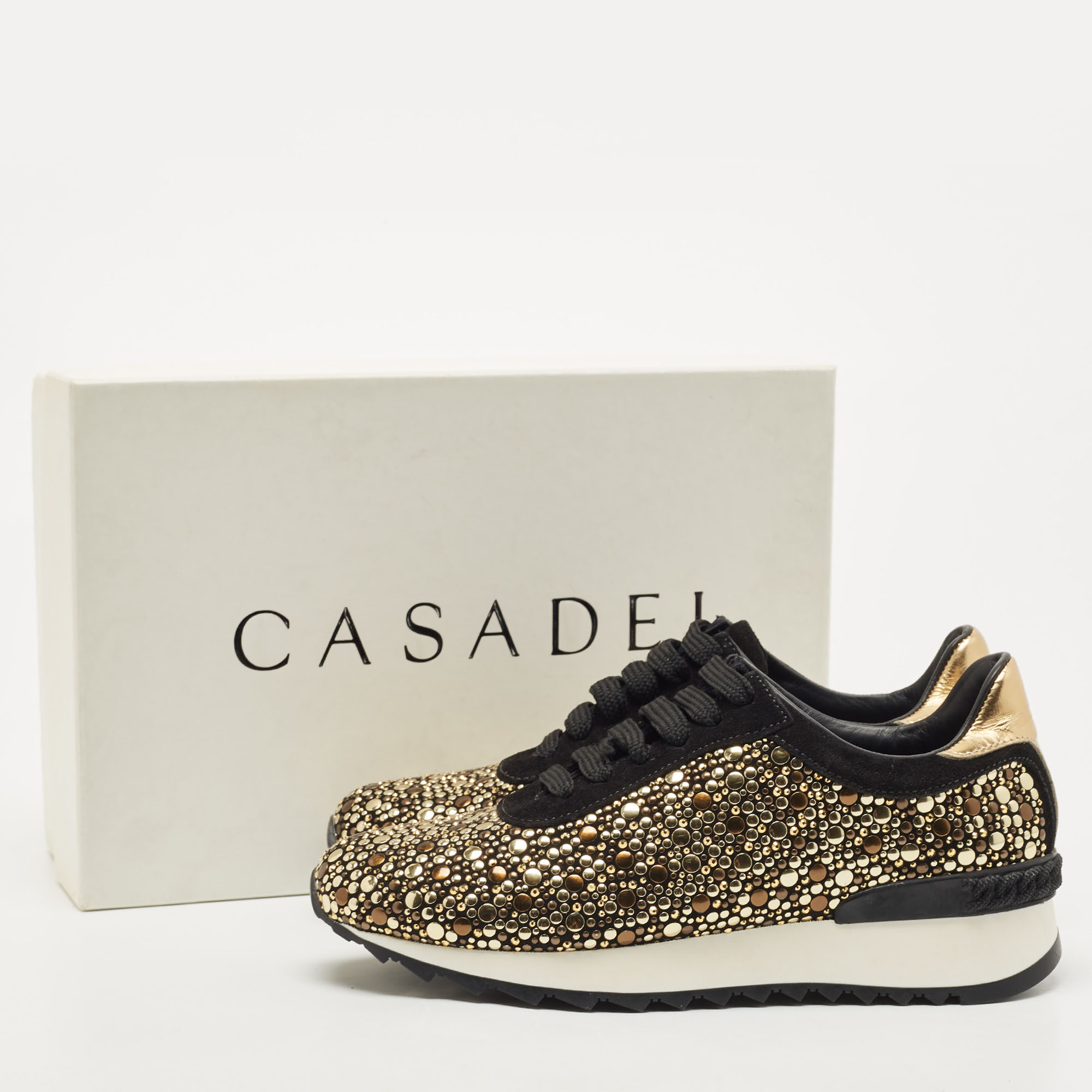 Casadei Black/Gold Suede And Leather Studded Low Top Sneakers Size 37