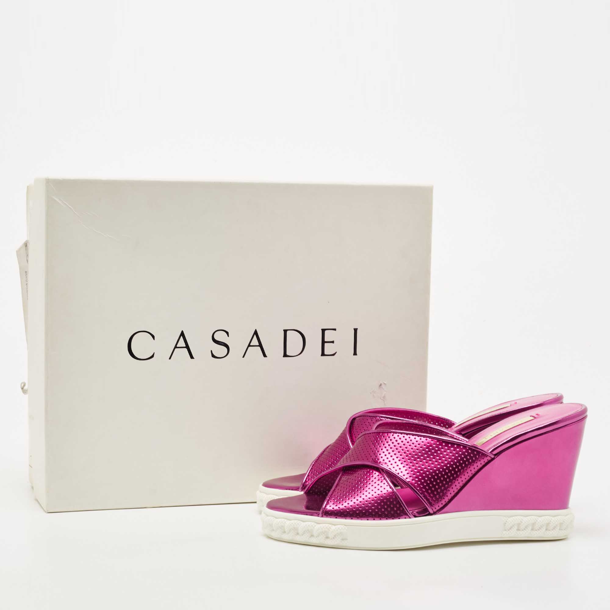 Casadei Pink Perforated Patent Leather Criss Cross Wedge Sandals Size 38