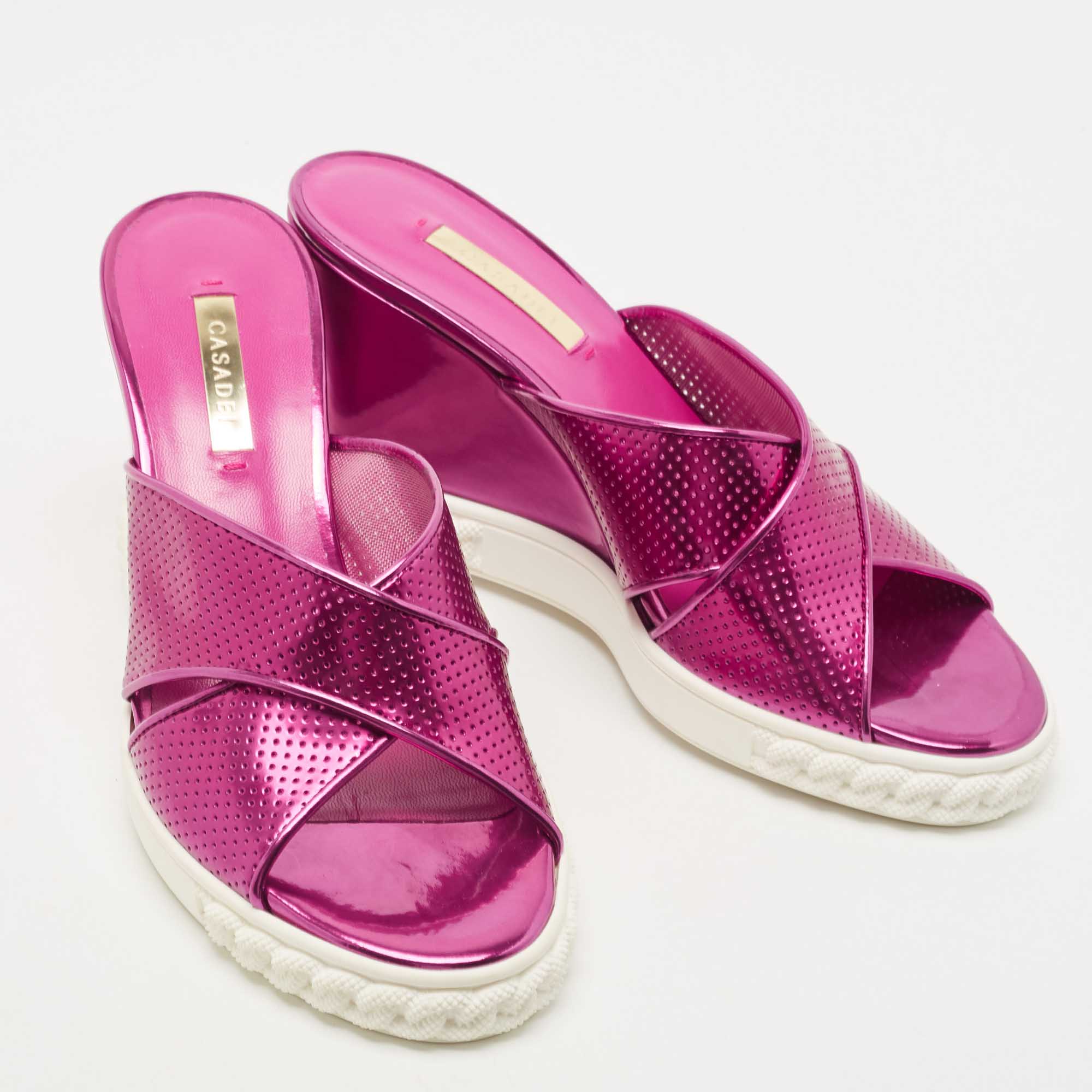 Casadei Pink Perforated Patent Leather Criss Cross Wedge Sandals Size 38