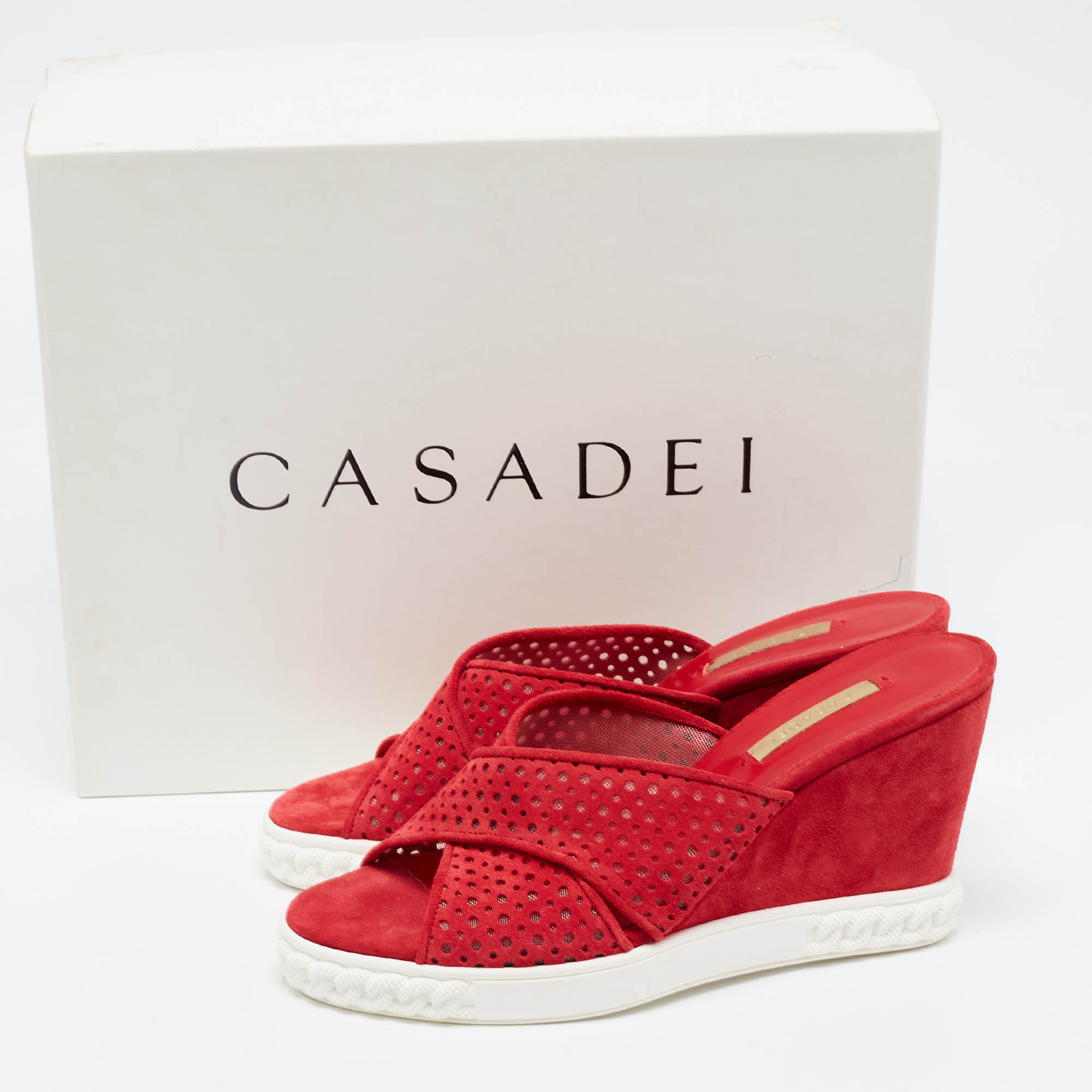 Casadei Red Suede Perforated Wedge Sandals Size 39