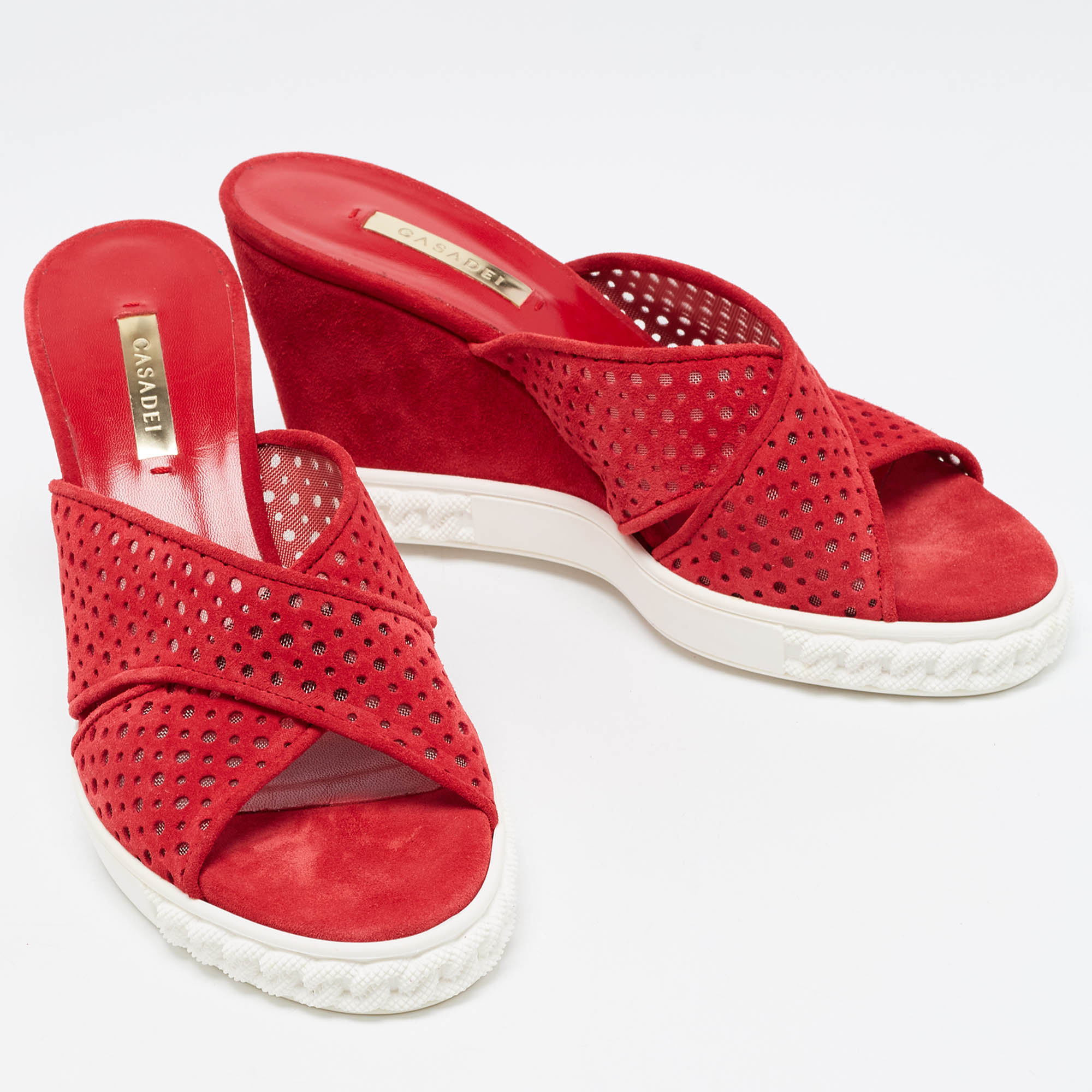 Casadei Red Suede Perforated Wedge Sandals Size 39
