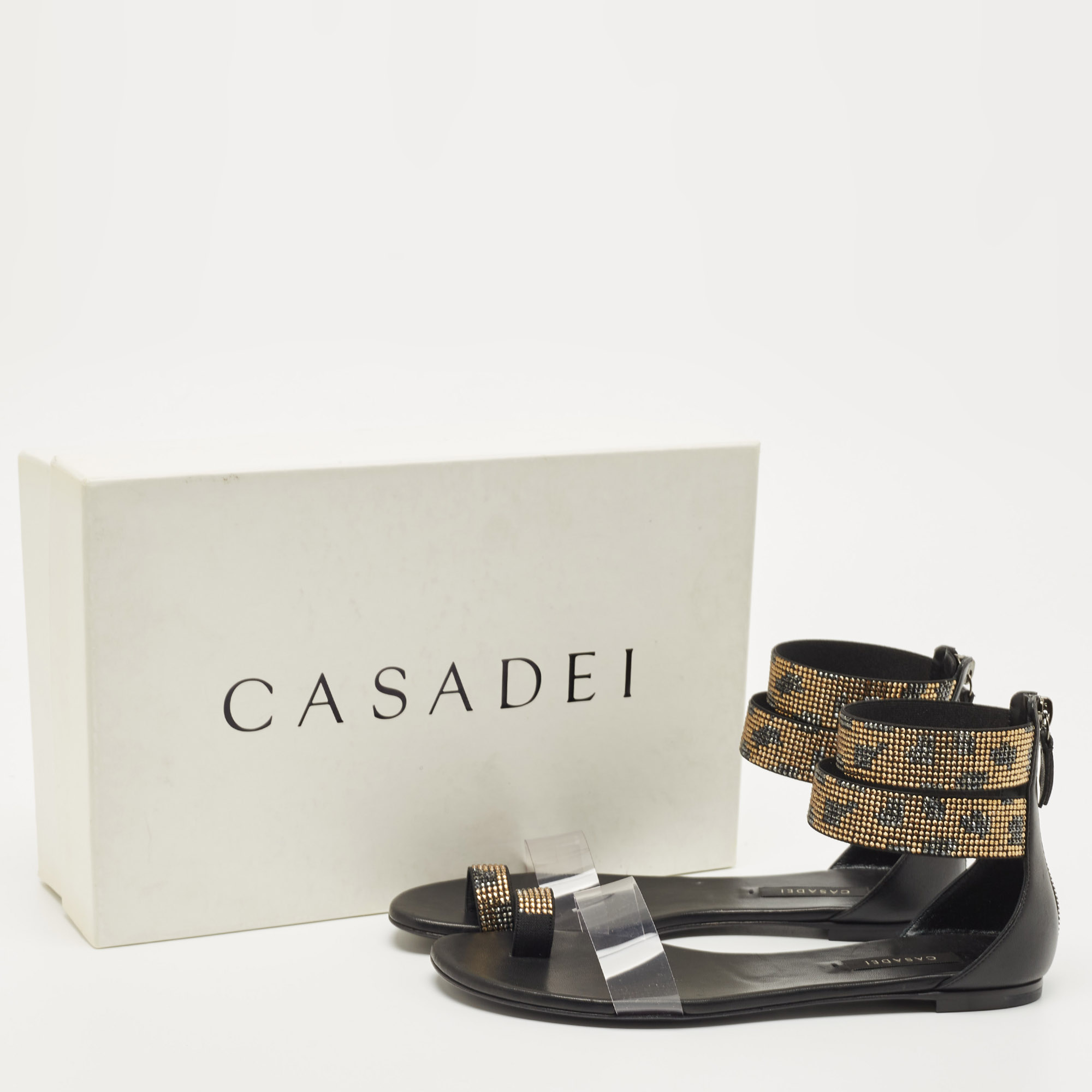 Casadei Black/Gold Crystals And PVC Ankle Cuff Flat Sandals Size 37