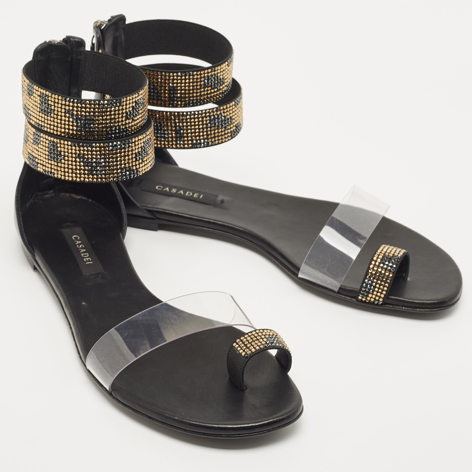 Casadei Black/Gold Crystals And PVC Ankle Cuff Flat Sandals Size 37