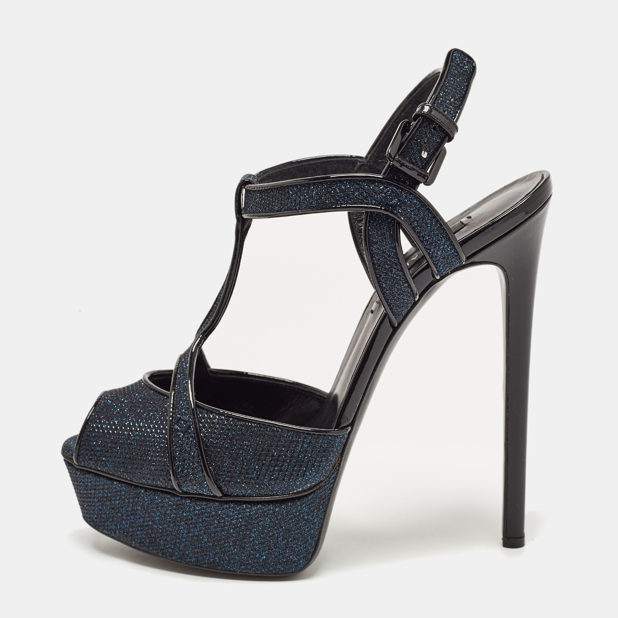 Casadei navy blue/black glitter and patent leather platform sandals size 40