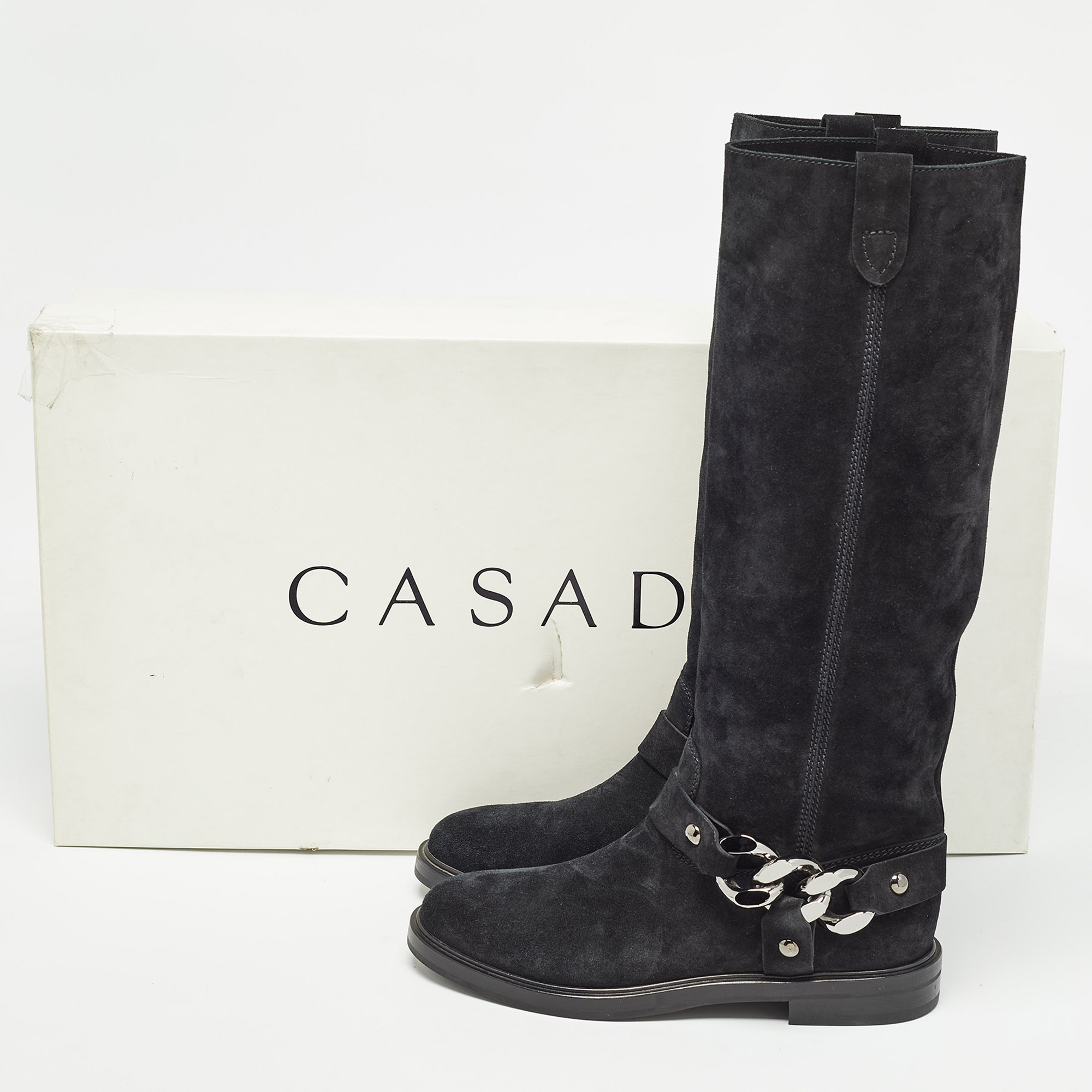 Casadei Black Suede Chain Detail Knee Length Boots Size 38.5