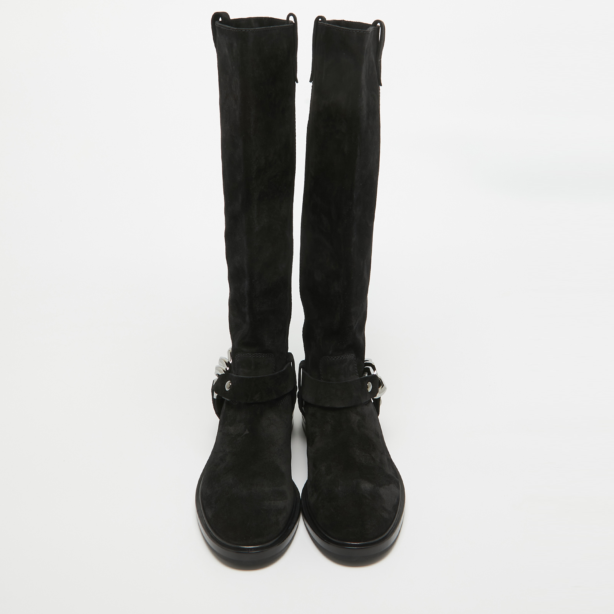 Casadei Black Suede Chain Detail Knee Length Boots Size 38.5