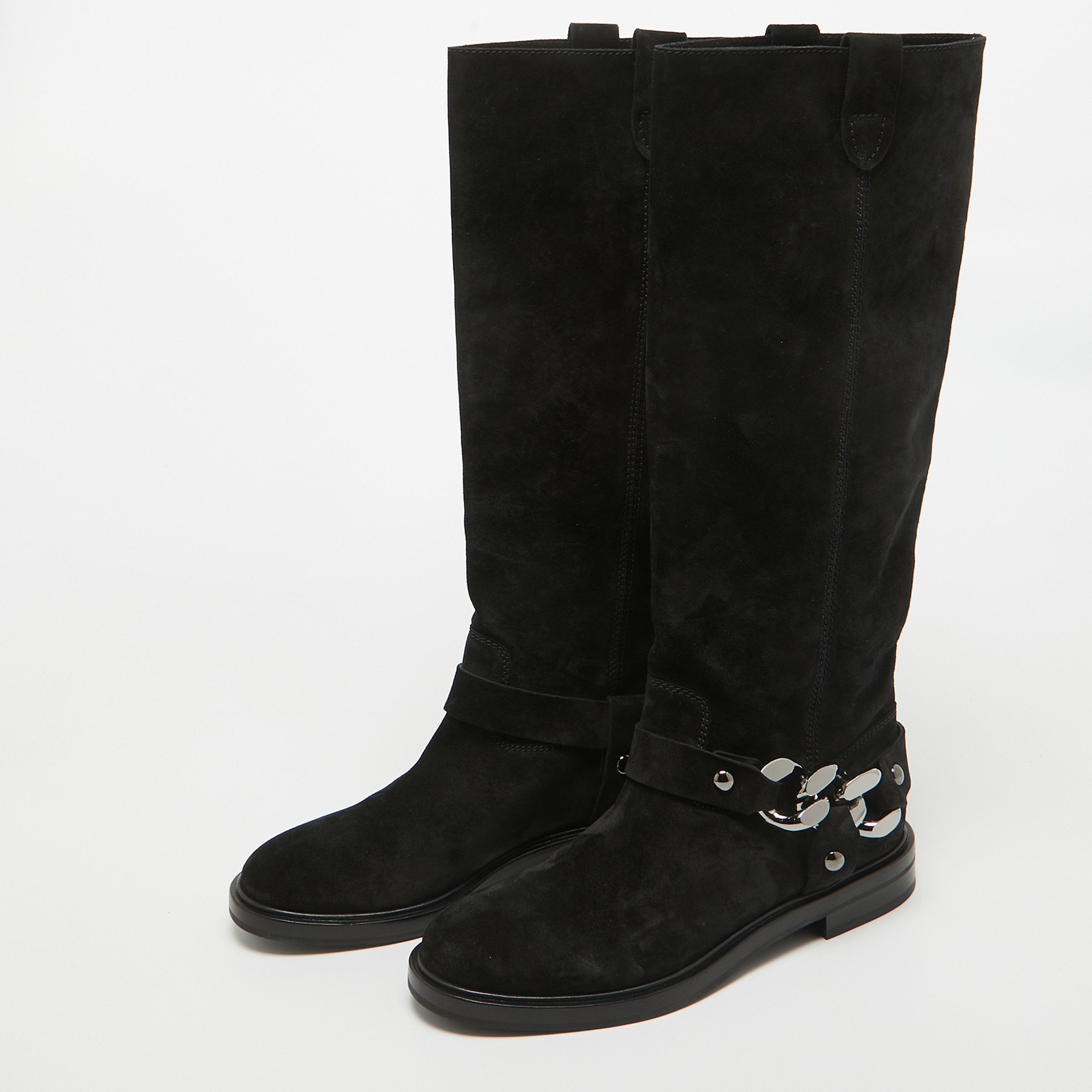 Casadei Black Suede Chain Detail Knee Length Boots Size 38.5