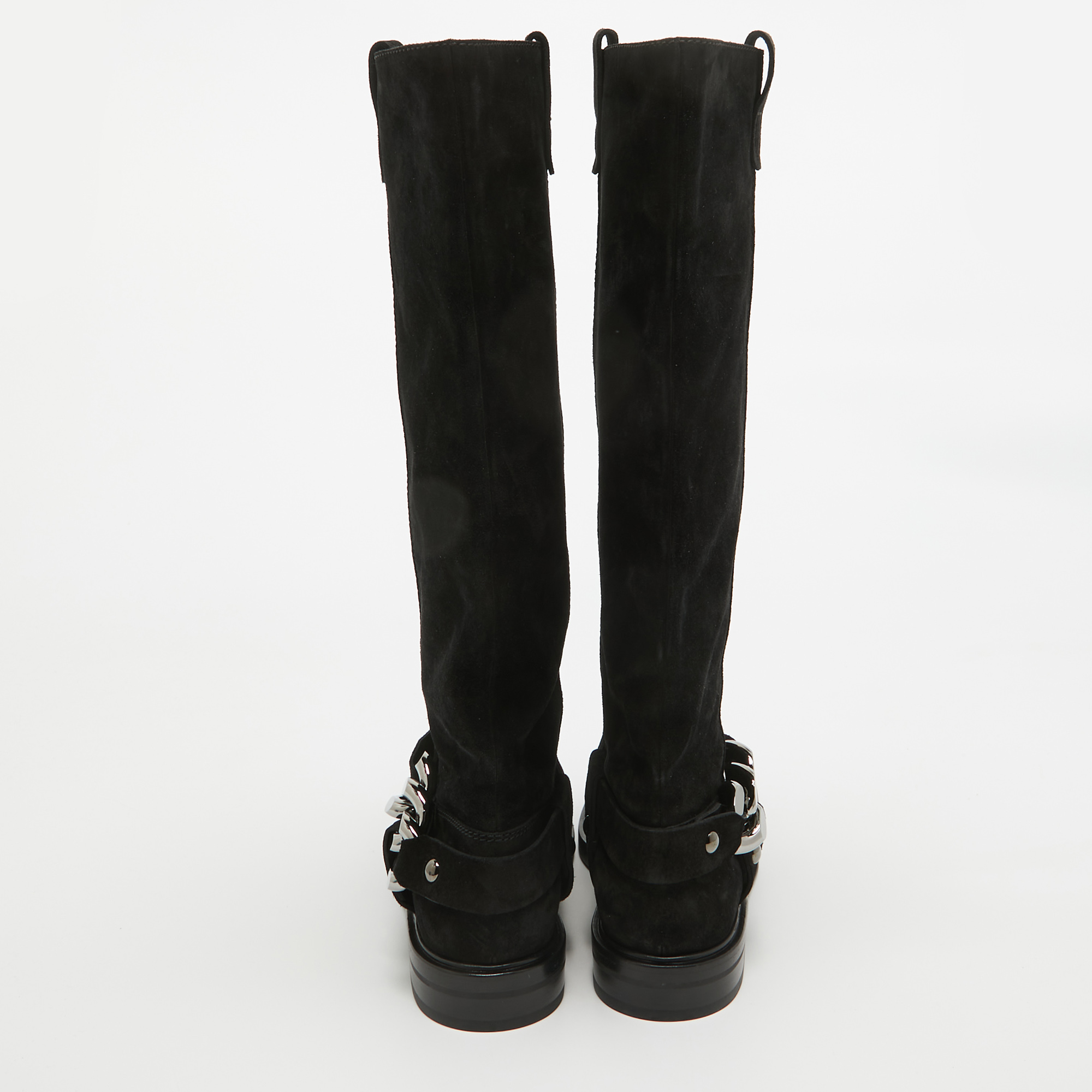 Casadei Black Suede Chain Detail Knee Length Boots Size 38.5