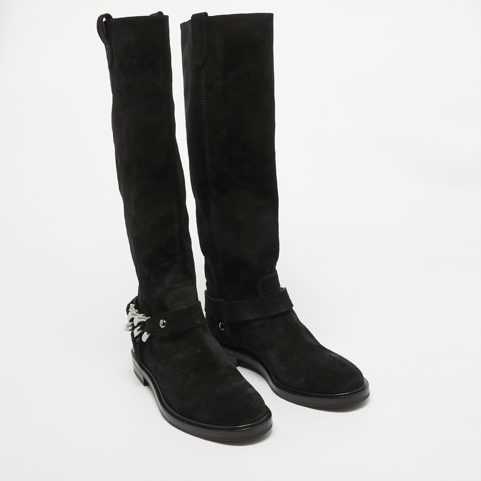 Casadei Black Suede Chain Detail Knee Length Boots Size 38.5