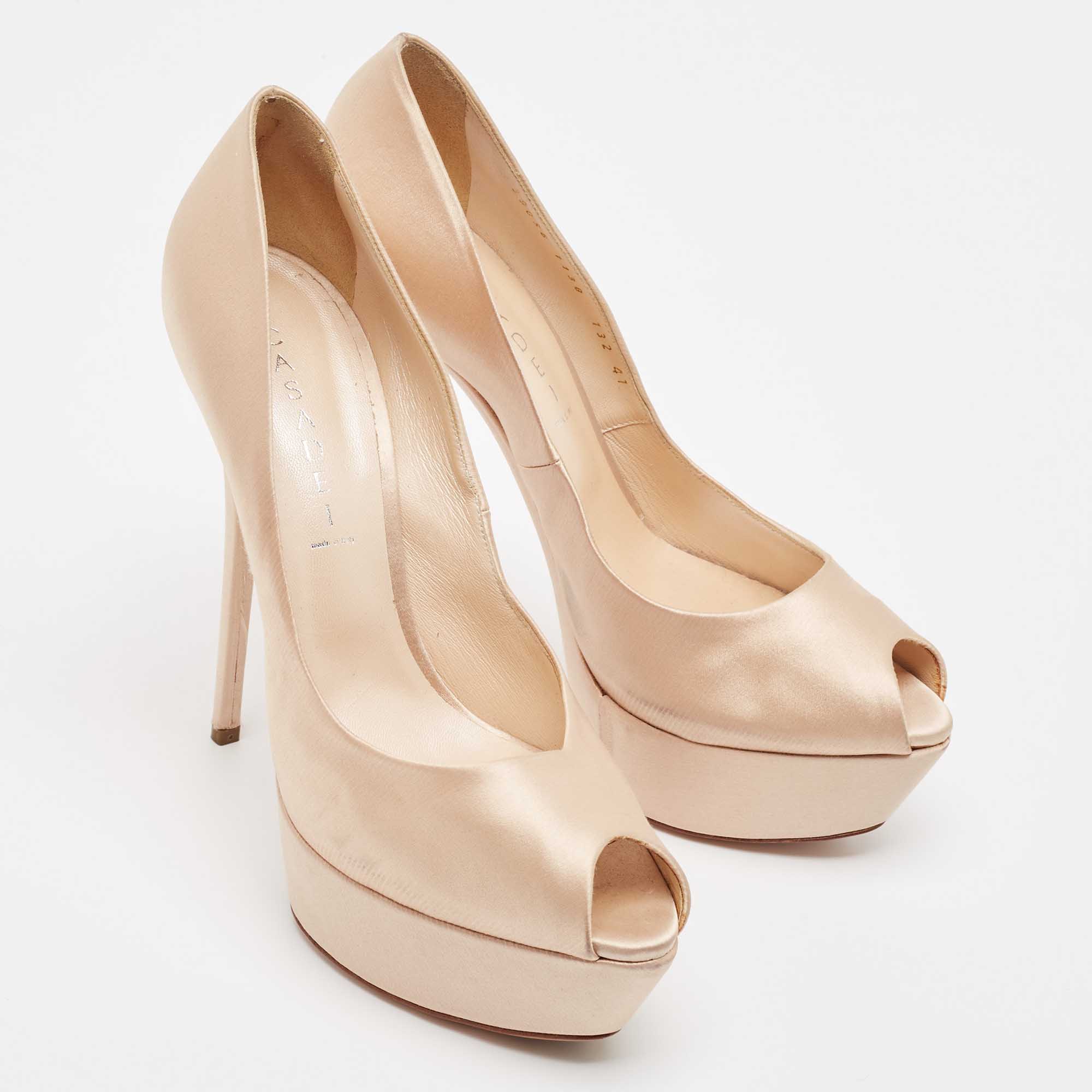 Casadei Beige Satin Platform Peep Toe Pumps Size 41