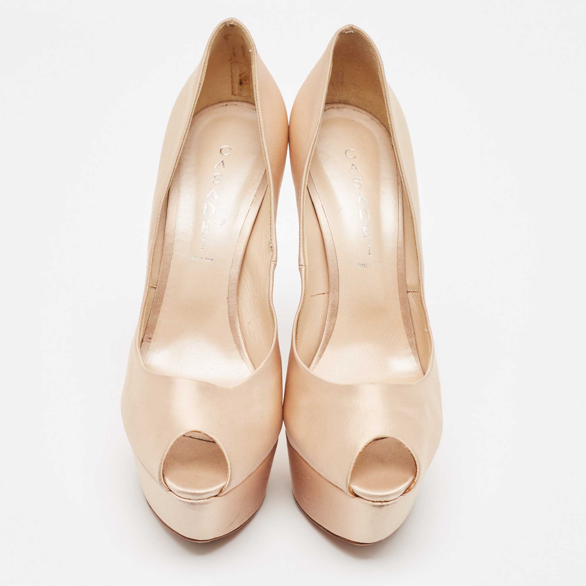 Casadei Beige Satin Platform Peep Toe Pumps Size 41