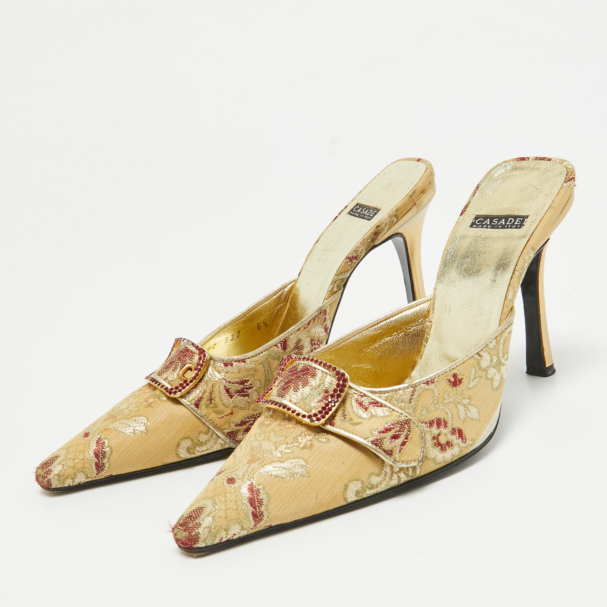 Casadei Gold Floral Embroidered Fabric Mules Size 36.5