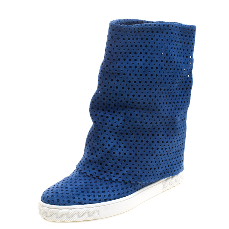 Image of Casadei Cobalt Blue Perforated Suede Wedge Boots Size